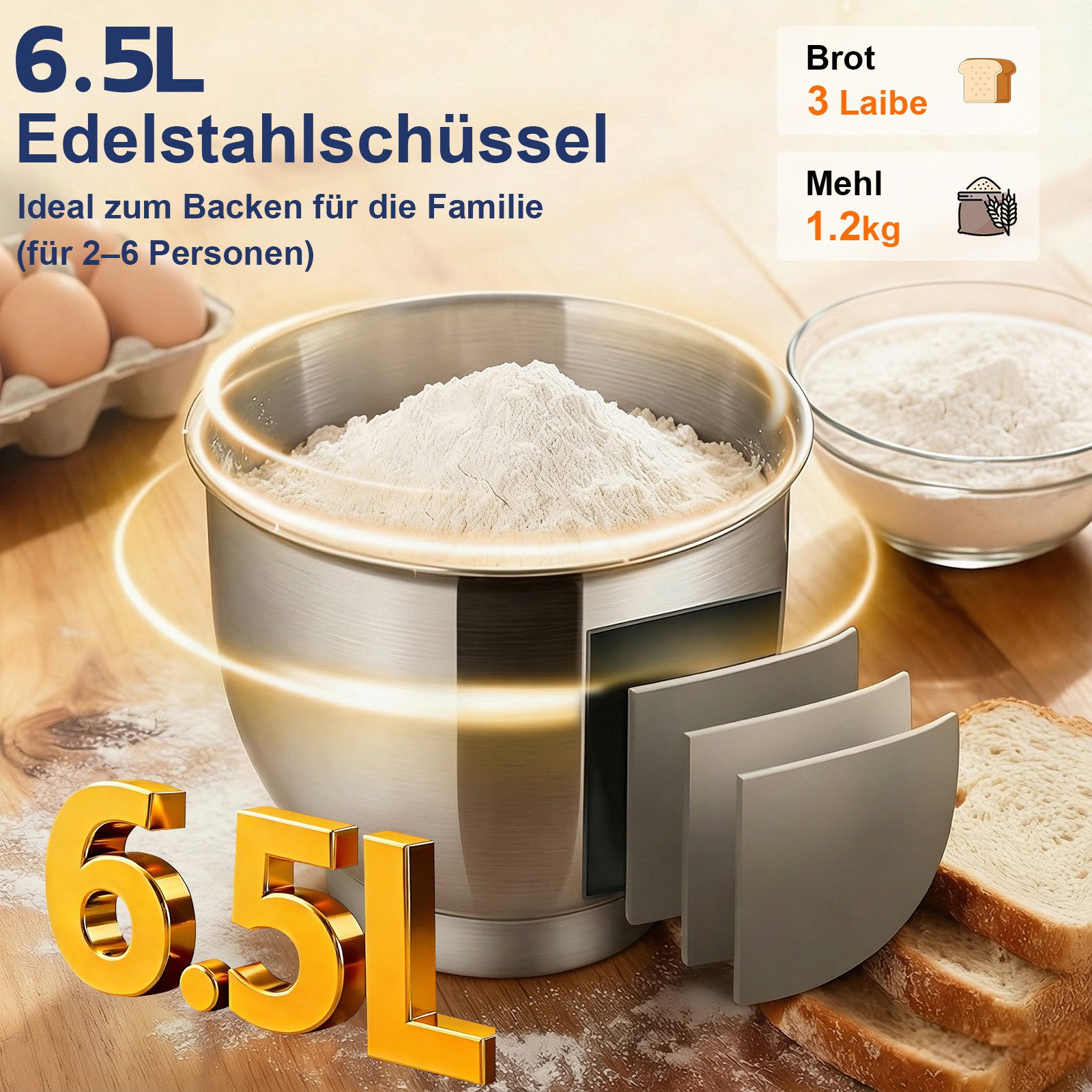 Rebonique Küchenmaschine Küchenmaschine zum Backen 8 Stufen & Timer, 1400 W, 6,5 l Schüssel, mit Rührhaken, Knethaken, Schlagbesen und Spritzschutz