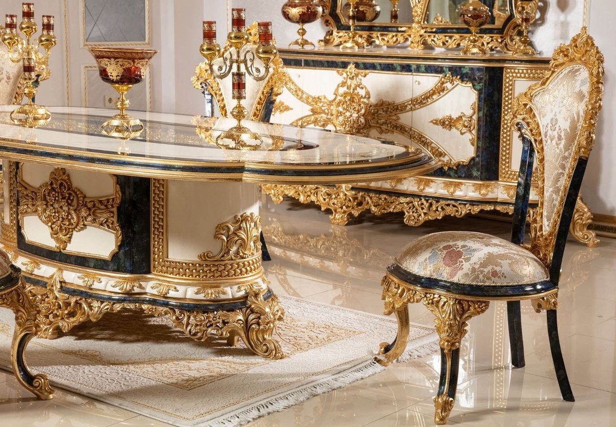 Mehrfarbig Esszimmerstuhl Muster Set Barock Esszimmer Edel Blau 6er Möbel / - elegantem Küchen Handgefertigtes Gold & Stühle Padrino Barock Prunkvoll - Esszimmerstuhl Set / Luxus Casa mit -