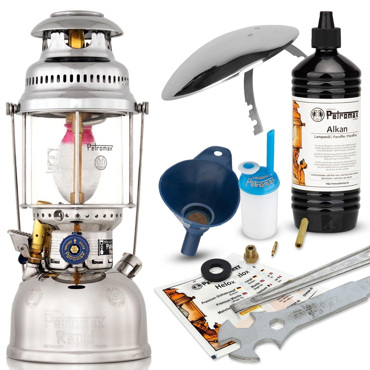 Petromax Außen-Tischleuchte Petromax HK500 Starklichtlampe Messing verchromt + Seitenspiegel, Glühstrumpf, Kaltweiß, Hängeleuchte, Tischlampe