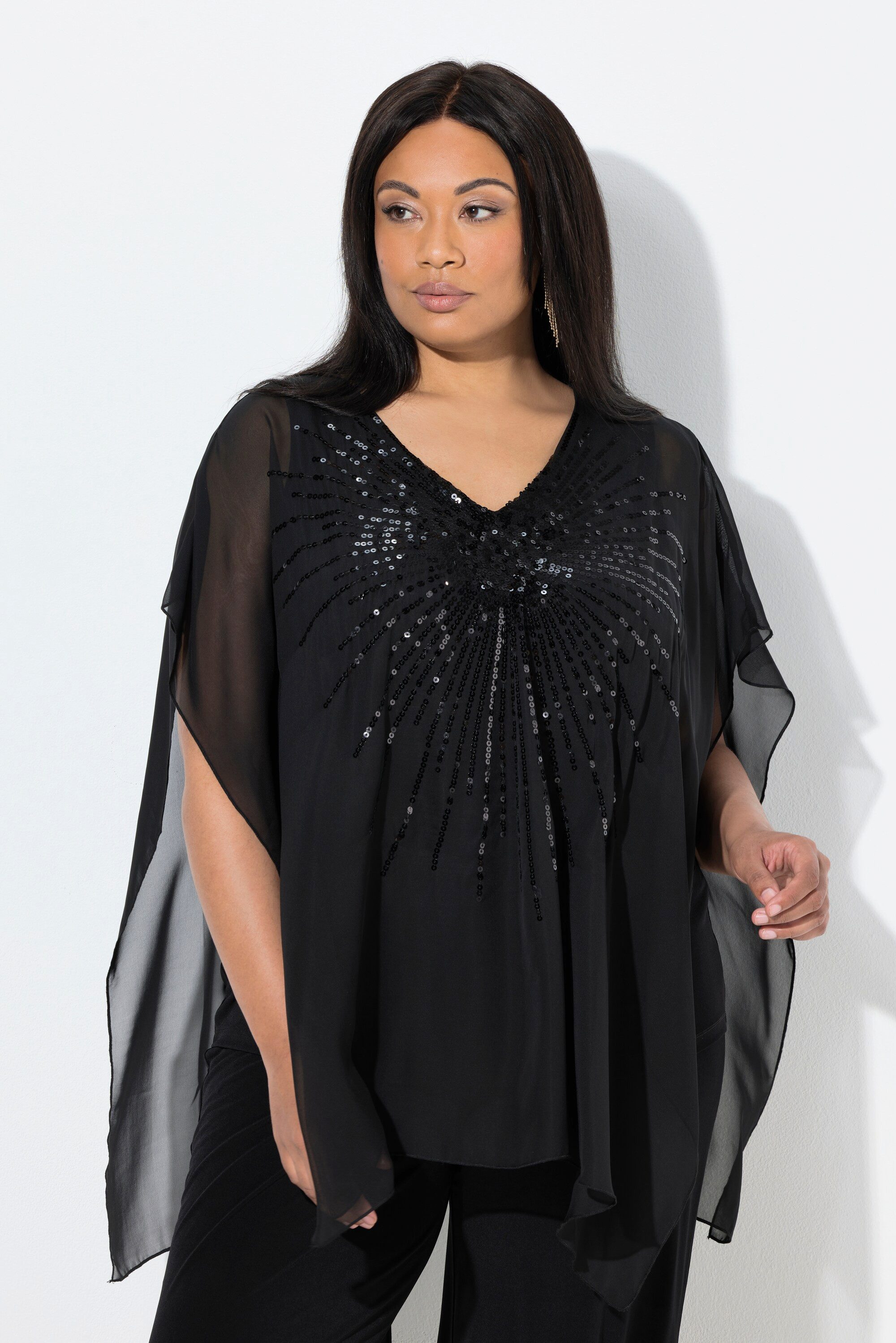 Ulla Popken T-Shirt Shirt oversized doppellagig Chiffon Pailletten günstig online kaufen