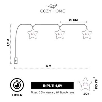 COZY HOME LED-Lichterkette Sternen Batterie und Stecker, 20 LED I 5m I Warmweiße LED-Stern Lichterkette I Kinderbett Bunt Deko