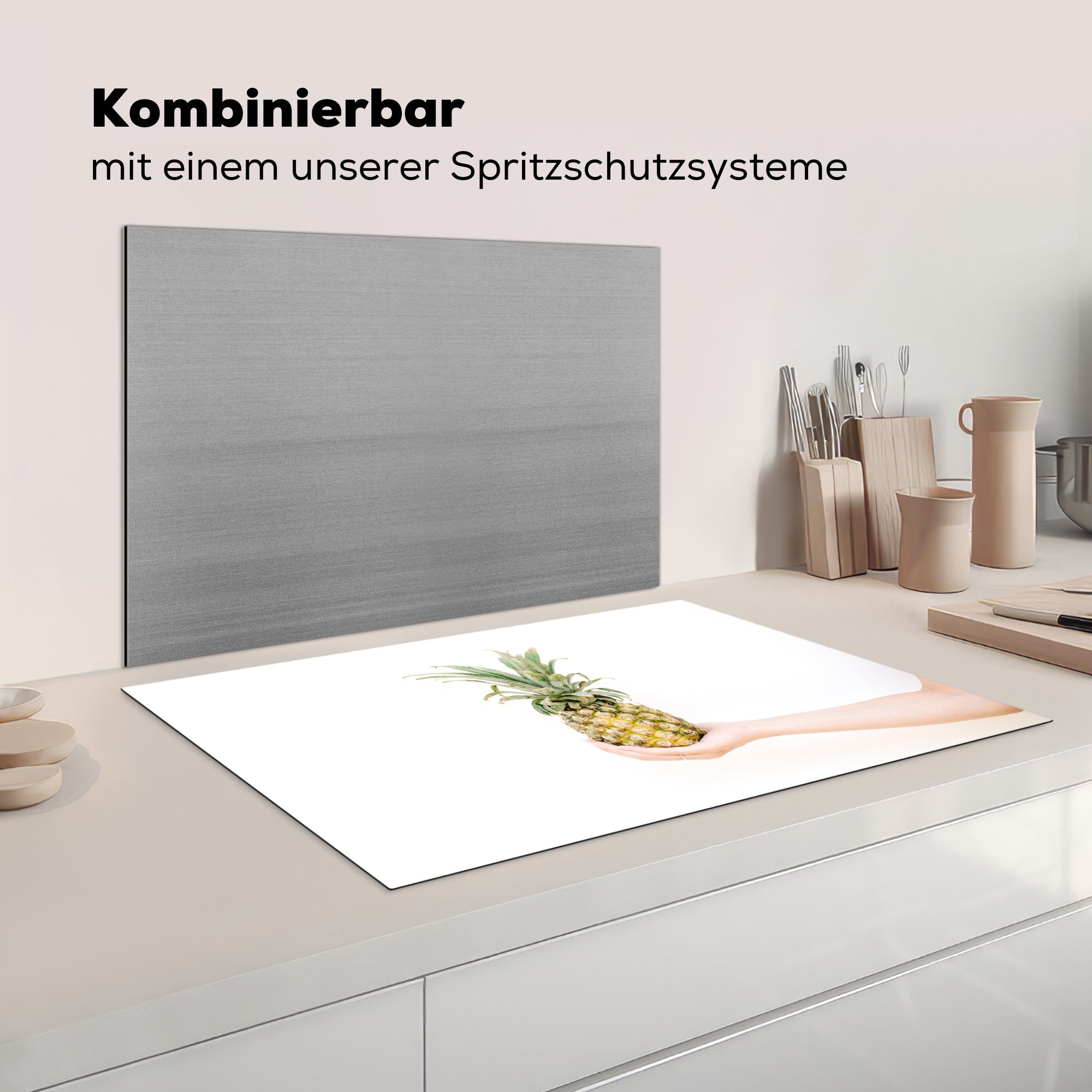 - für 81x52 Gelb die tlg), Vinyl, küche, MuchoWow Ceranfeldabdeckung Herdblende-/Abdeckplatte cm, Ananas (1 Tropisch, - Induktionskochfeld Schutz