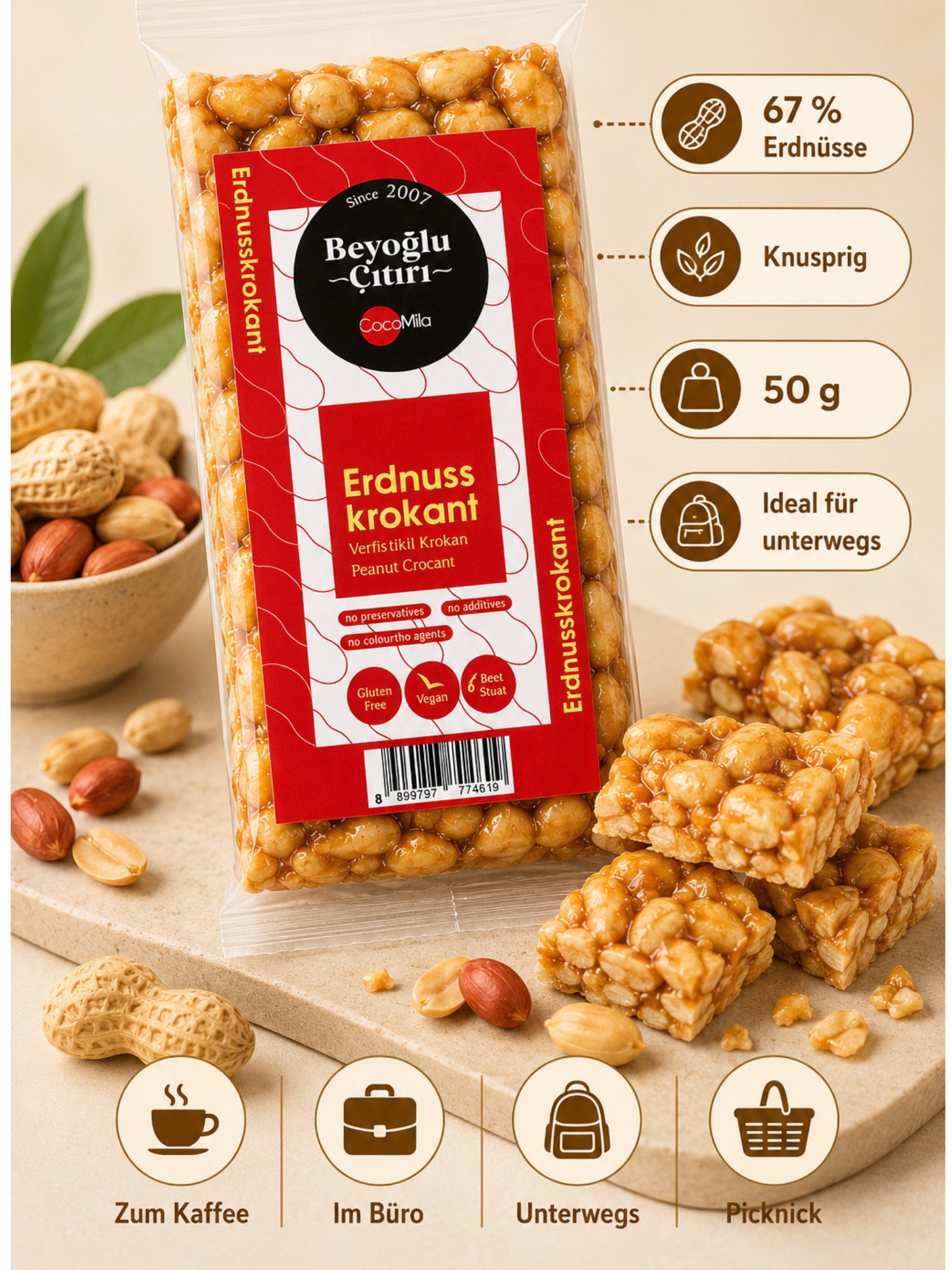 Beyoglucitiri Cerealien Erdnuss Krokant 50 g, 1 x, Mit 67 % Erdnüssen Glutenfrei Ohne Konservierungsstoffe Knusprig