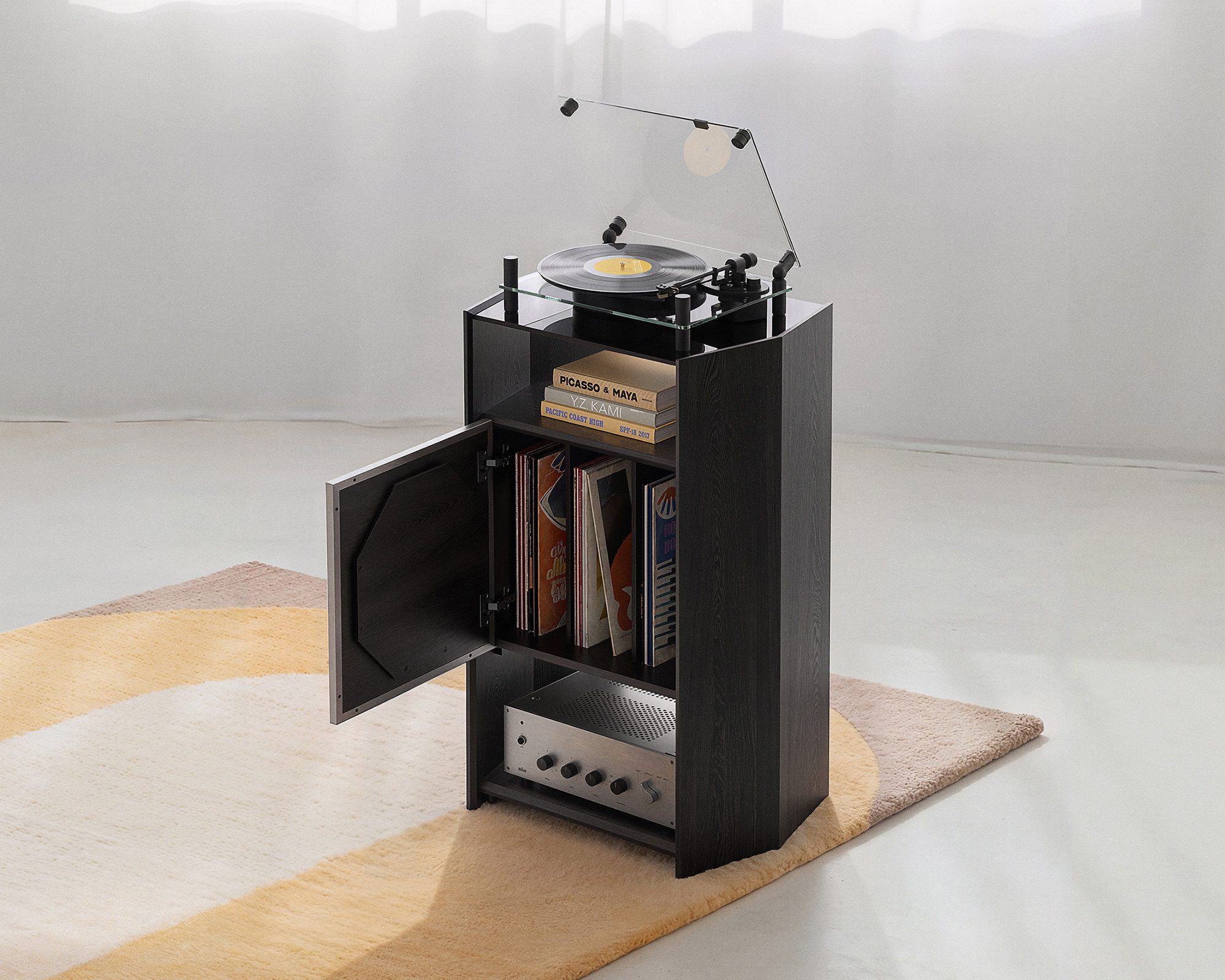 FITUEYES TV-Regal HIFI Rack für bis zu 120 LPs, aus Holz und Metall, mit Schallplattenhalterung, Sichtfenster, rutschfesten Füßen