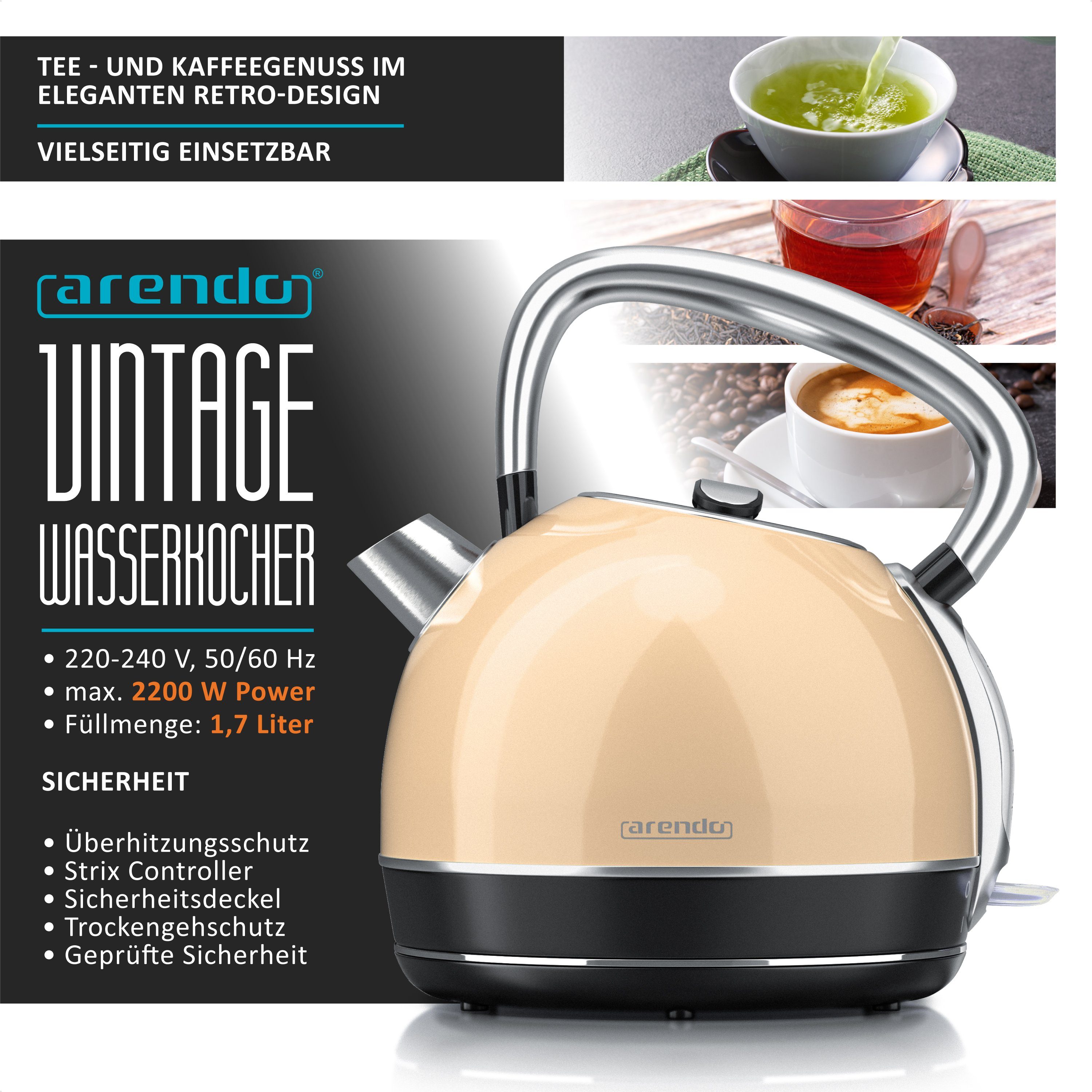 Arendo Wasserkocher, 1,7 l, 2200 W, Edelstahl, Retro Style Vintage, Überhitzung & Trockenkochschutz, beige