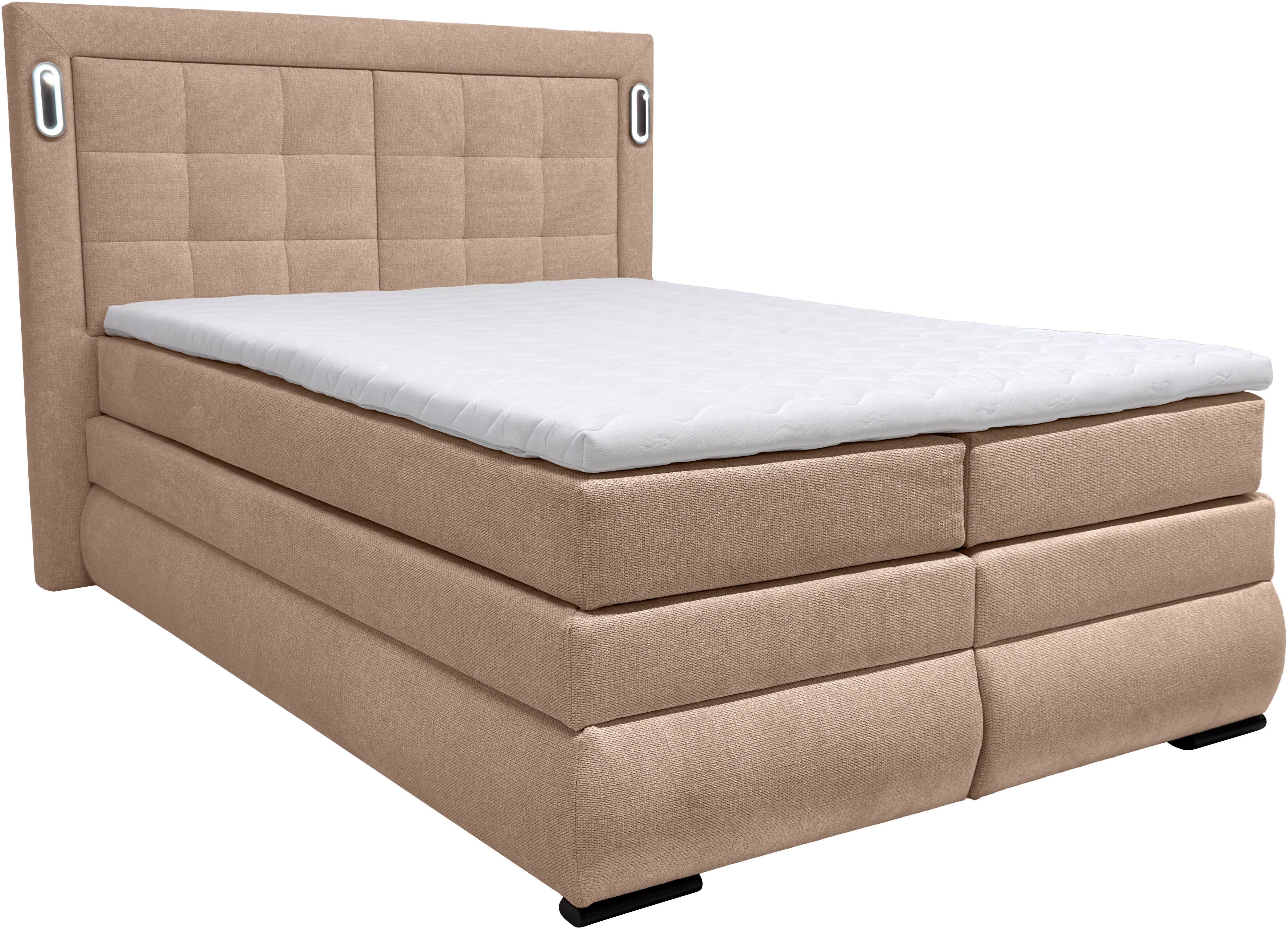 OTTO home Boxspringbett MIVVA mit Bettkasten, mit Taschenfederkernmatratze H3, H3/H4 mix, H4 (mit hochwertigem Strukturstoff, wahlweise mit LED-Leuchten), mit Kaltschaum- oder Visco-Topper (bei H4), Komfortliegehöhe 67cm