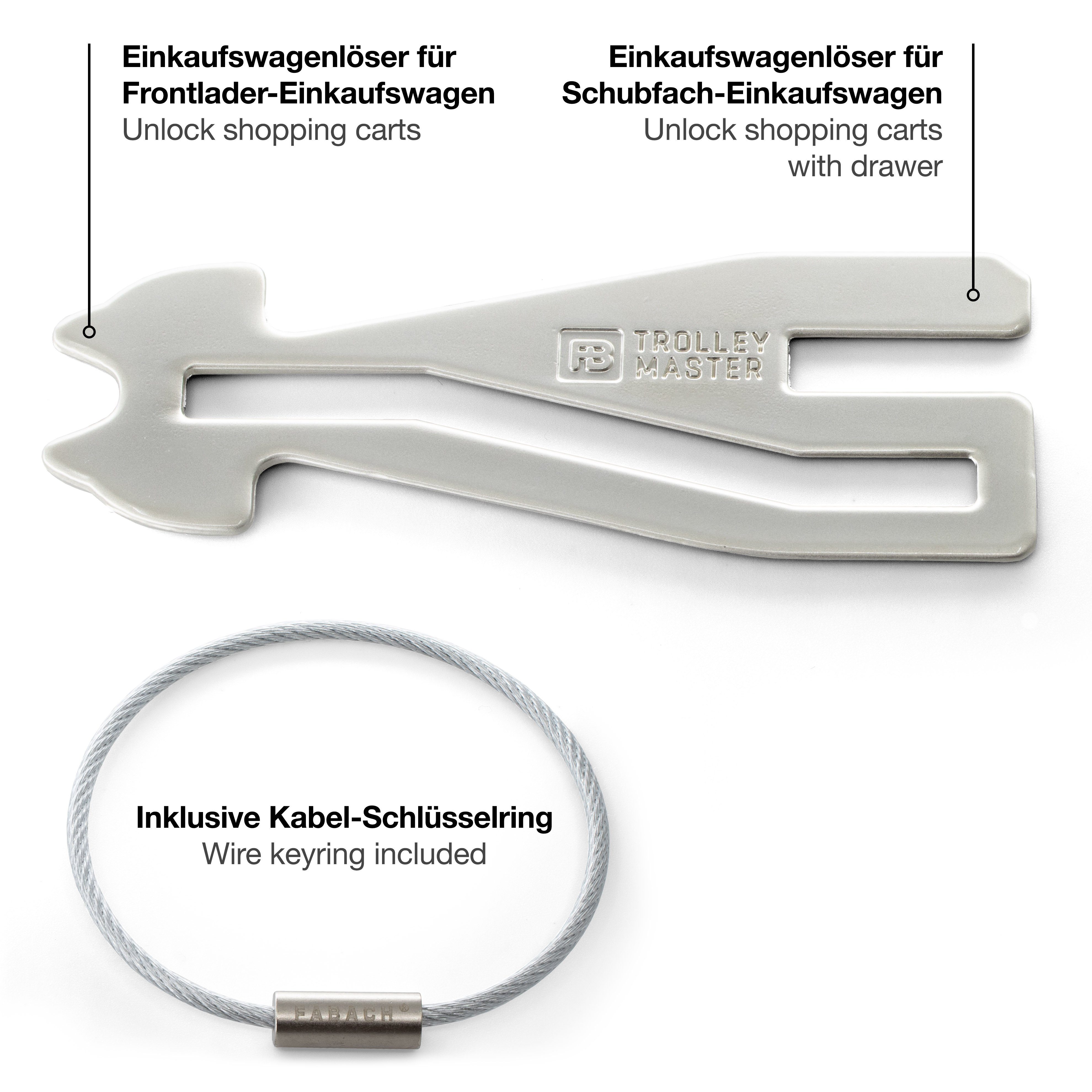 FABACH Schlüsselanhänger (1-tlg) Einkaufswagenlöser Master öffnet ALLE Silber Trolley - Einkaufswagen