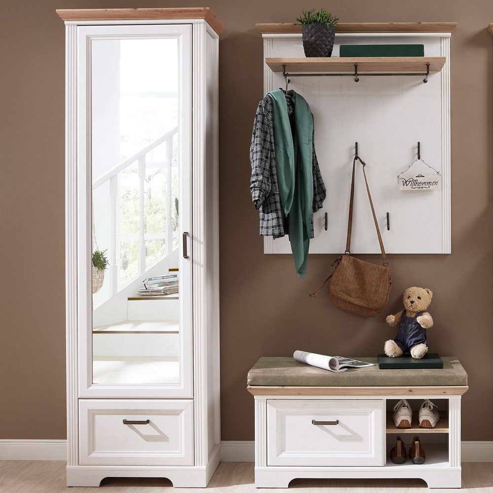 Lomadox Garderoben-Set JÜLICH-36, (Spar-Set, 3-St), mit Spiegelschrank in Pinie weiß mit Artisan Eiche 180/204/41 cm