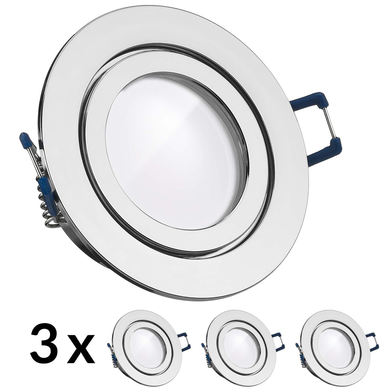 LEDANDO LED Einbaustrahler 3er IP44 LED Einbaustrahler Set extra flach in chrom mit 5W Leuchtmitt