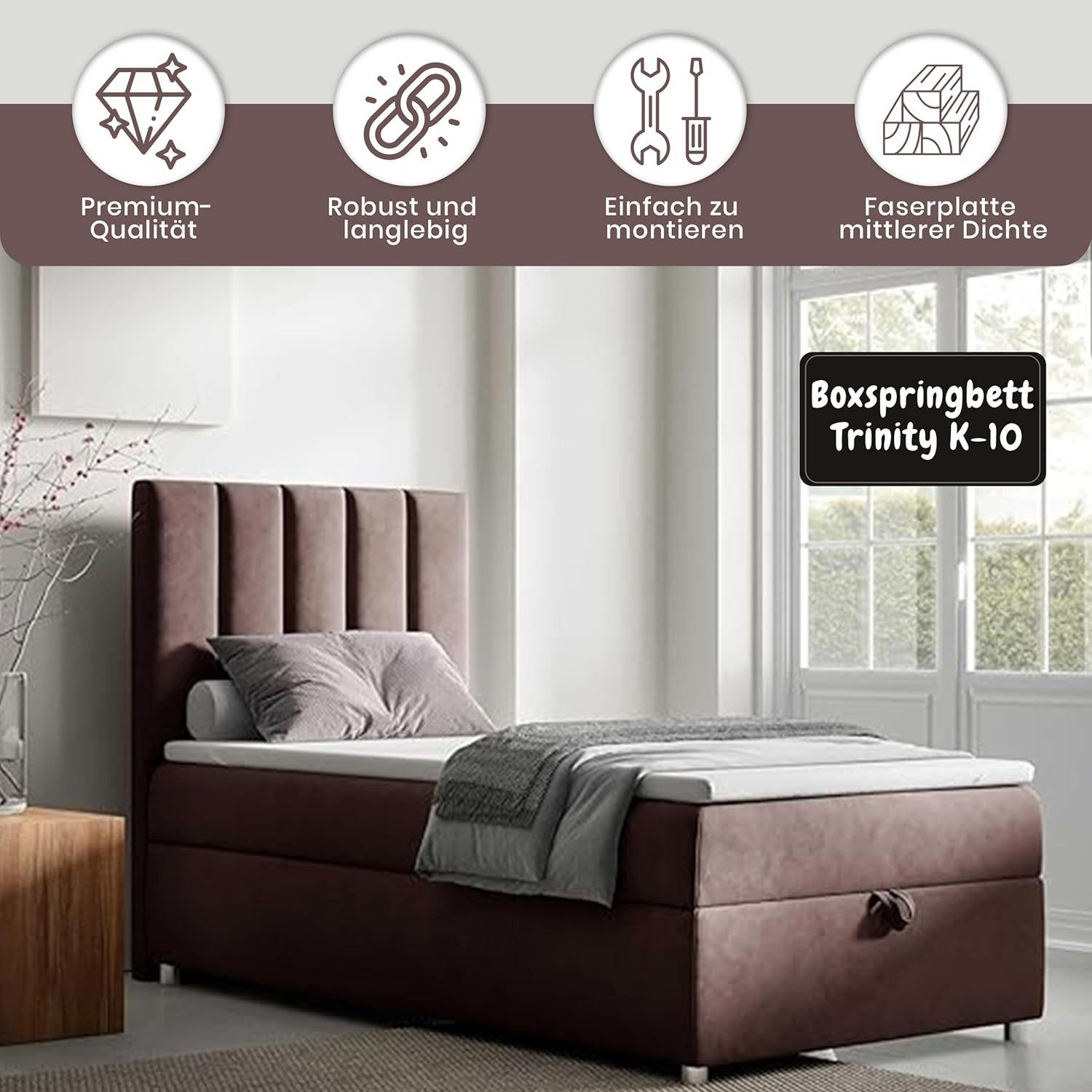 Best for Home Boxspringbett Trinity K10 SINGLE mit Bettkasten & Bonellfederkern, Komfort Topper H3 (Einzelbett, Polsterbett gepolstertes Kopfteil, Jugendbett, Kinderbett versch. Größen, 70x200 80x200 90x200 100x200 cm), mit oder ohne Topper, Flexible Liefermöglichkeiten, Handwerksqualität