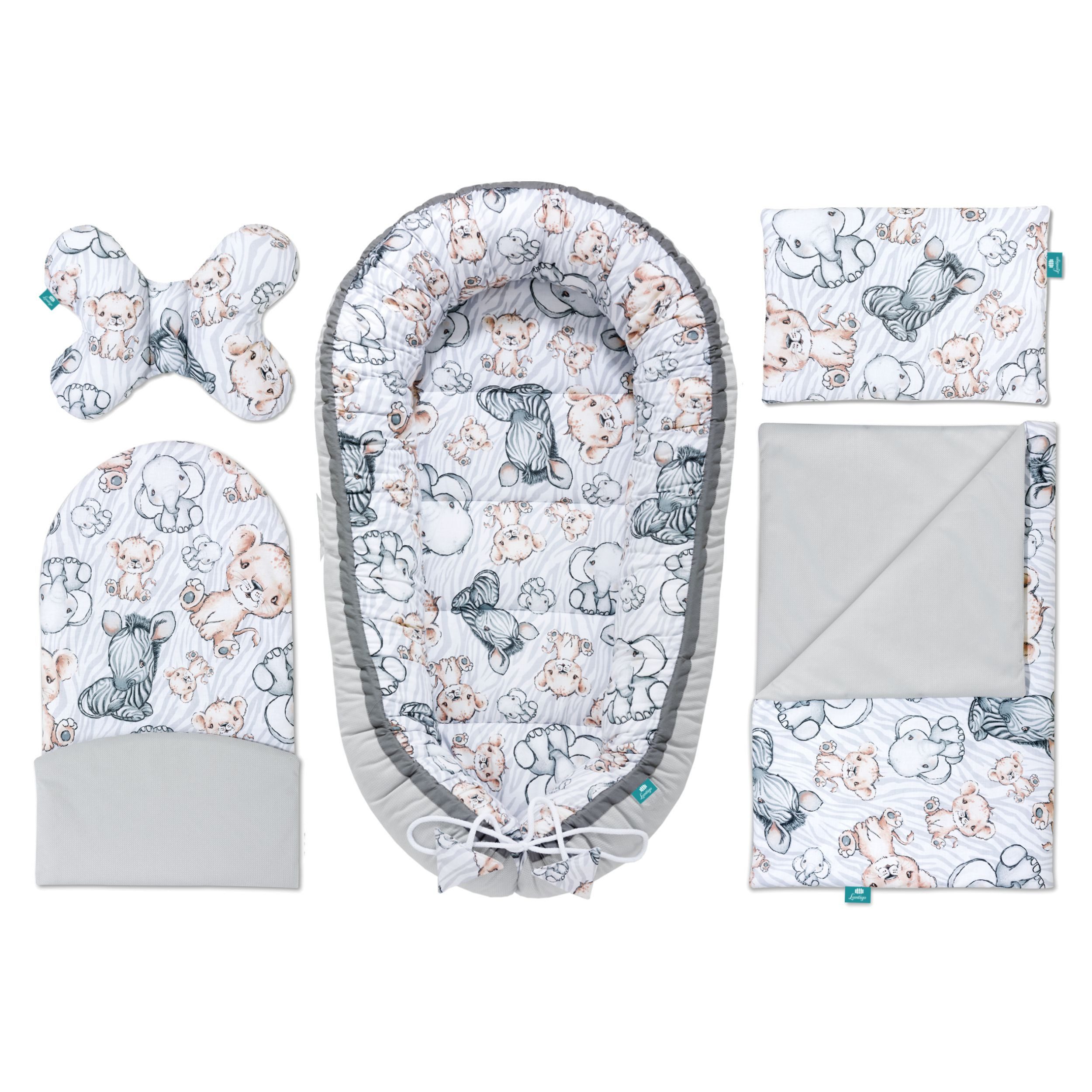 Lantigo Bettnestchen Nest Set für Neugeborene, Babynestchen Baby Erstausstattung, (Grau, 5-tlg., Safari Grey), Baumwolle/Samt inkl. Baby - Kuschelkokon, 2 Kissen, Babydecke Matratze