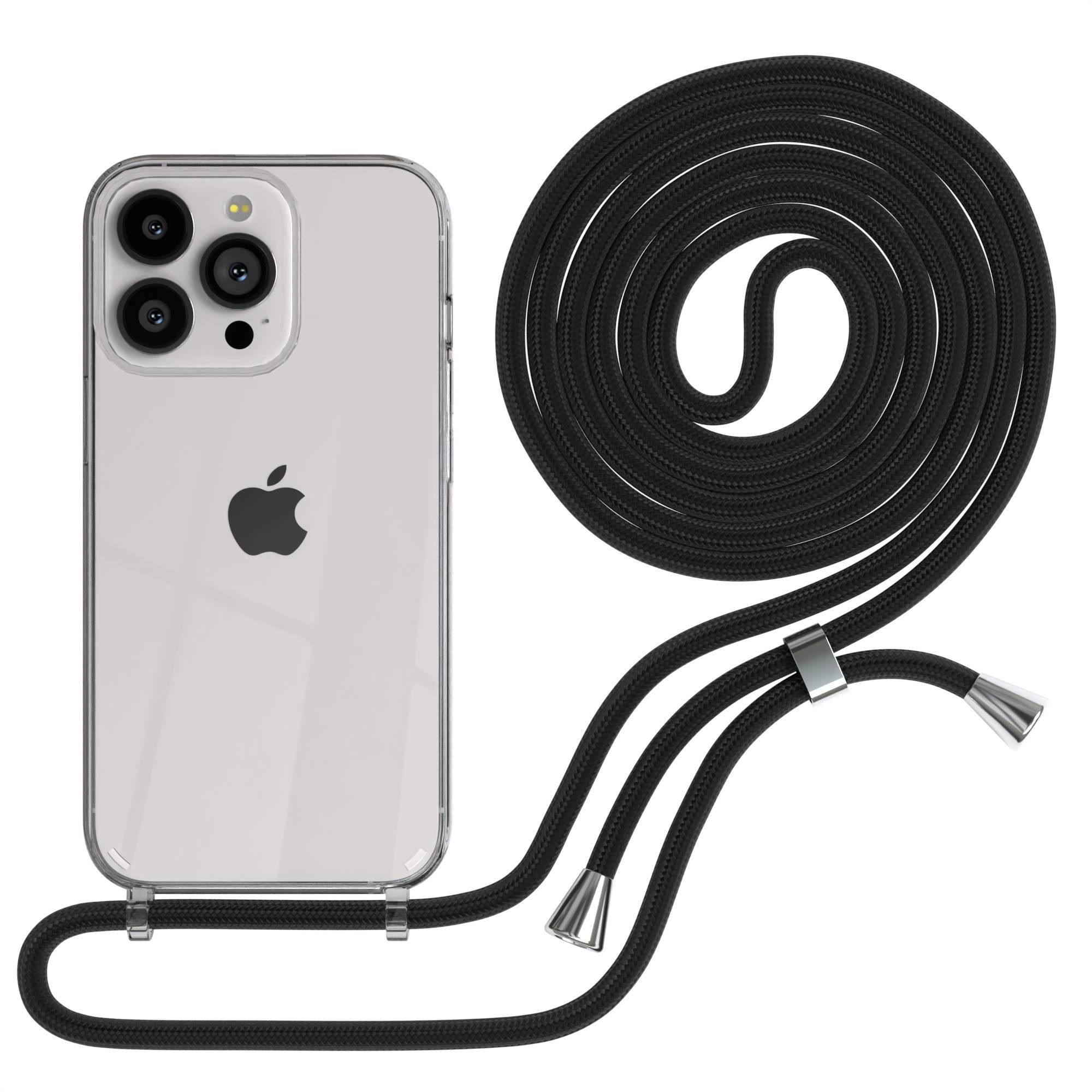 EAZY CASE Handykette Hülle mit Kette für Apple iPhone 13 Pro 6,1 Zoll, Handykette Hülle mit Band Slimcover Schutzhülle Schwarz Clips Silber
