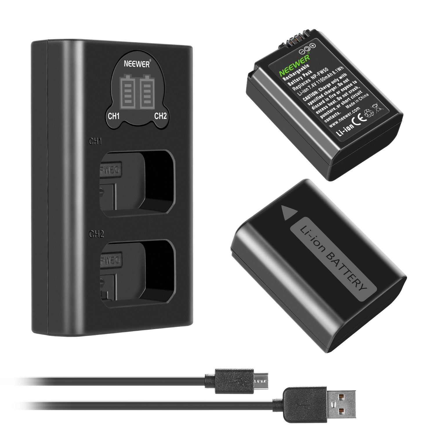 Neewer Kamera Akku Ladegerät Set für NP-FW50 Kompatibel mit Sony ZV-E10 Kamera-Akku 1100 mAh, 2 1100mAh Ersatzakku für A7 A7R A7RII A7SII A7S a6300 a6400 a6500 RX10