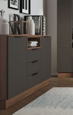 Feldmann-Wohnen Wohnwand Alicante, (1x Couchtisch, Türen mit Soft-Close Funktion, 1 Sideboard, 1x Standvitrine, 1x Lowboard, 1x Highboard), 336cm walnussfarben / schwarzgrau 5-teilig