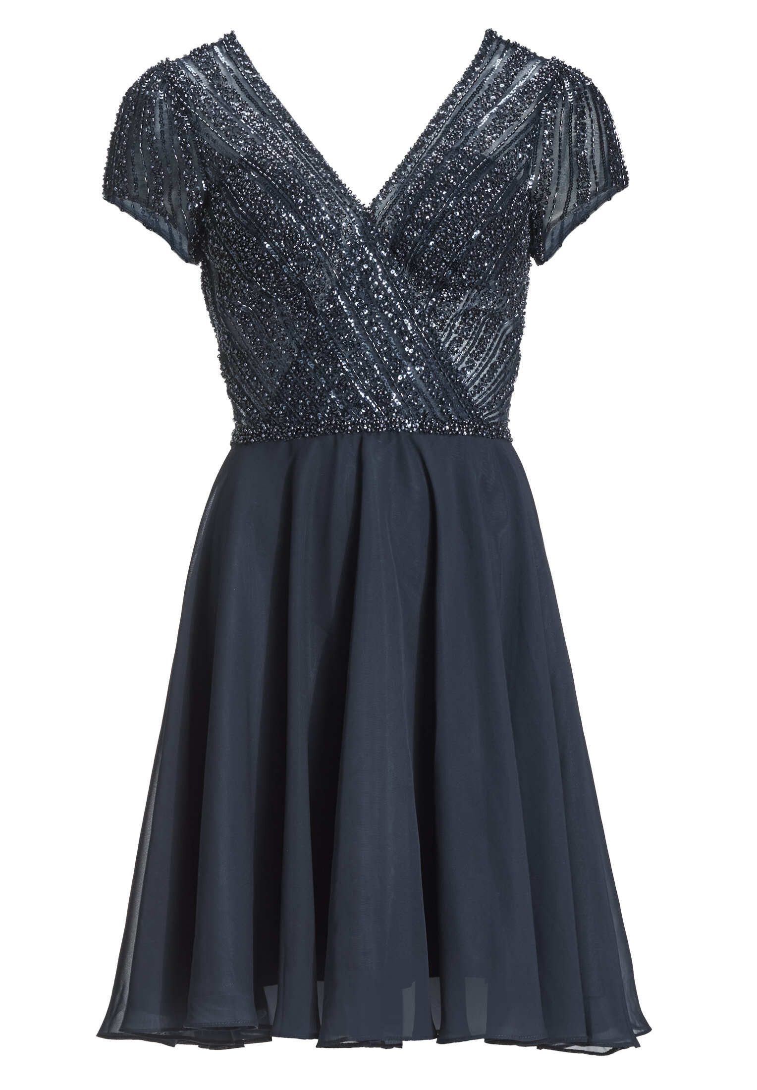 Cocktailkleid - Besticktes Chiffonkleid mit kurzen Ärmeln