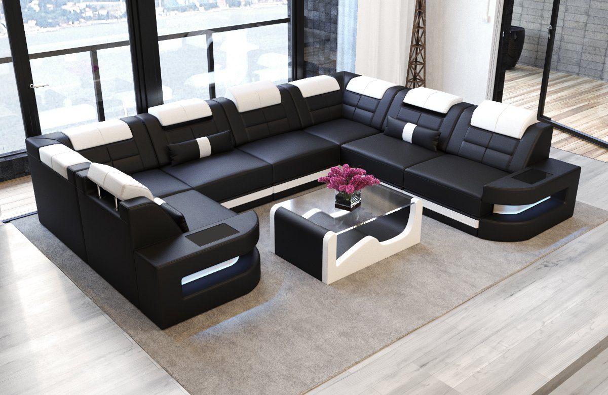 Sofa Dreams Wohnlandschaft Leder Ledercouch Sofa Como U Form Ledersofa, Couch, mit LED, wahlweise mit Bettfunktion als Schlafsofa, Designersofa