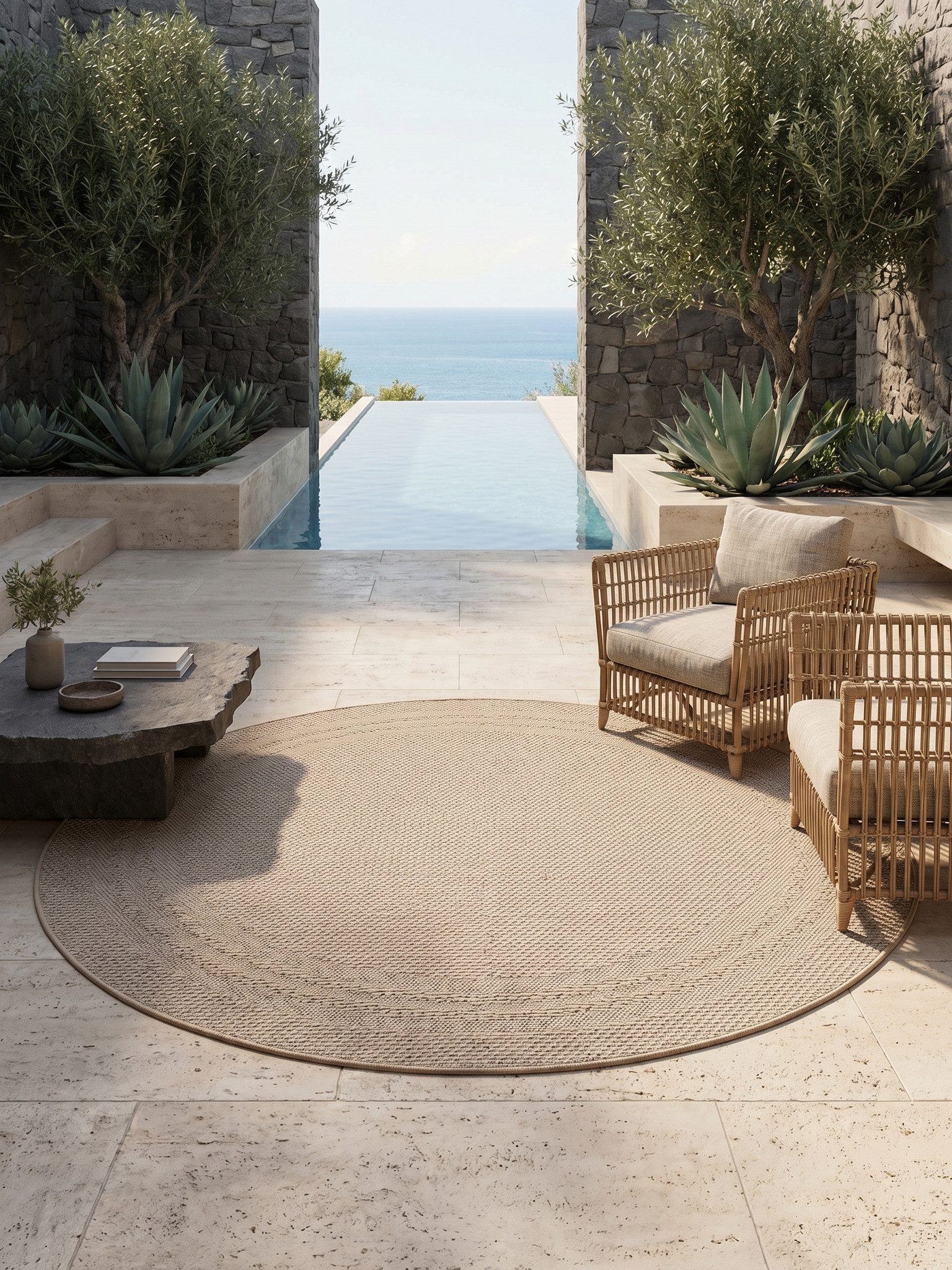 KADIMA DESIGN Teppich Outdoor Teppich VENTOUX Bordüre Flachgewebe Balkon Küche Rund, Rund, Höhe: 5 mm, Beige, 80x80 cm, Outdoor Balkonteppich Terrasse Pflegeleicht Robust