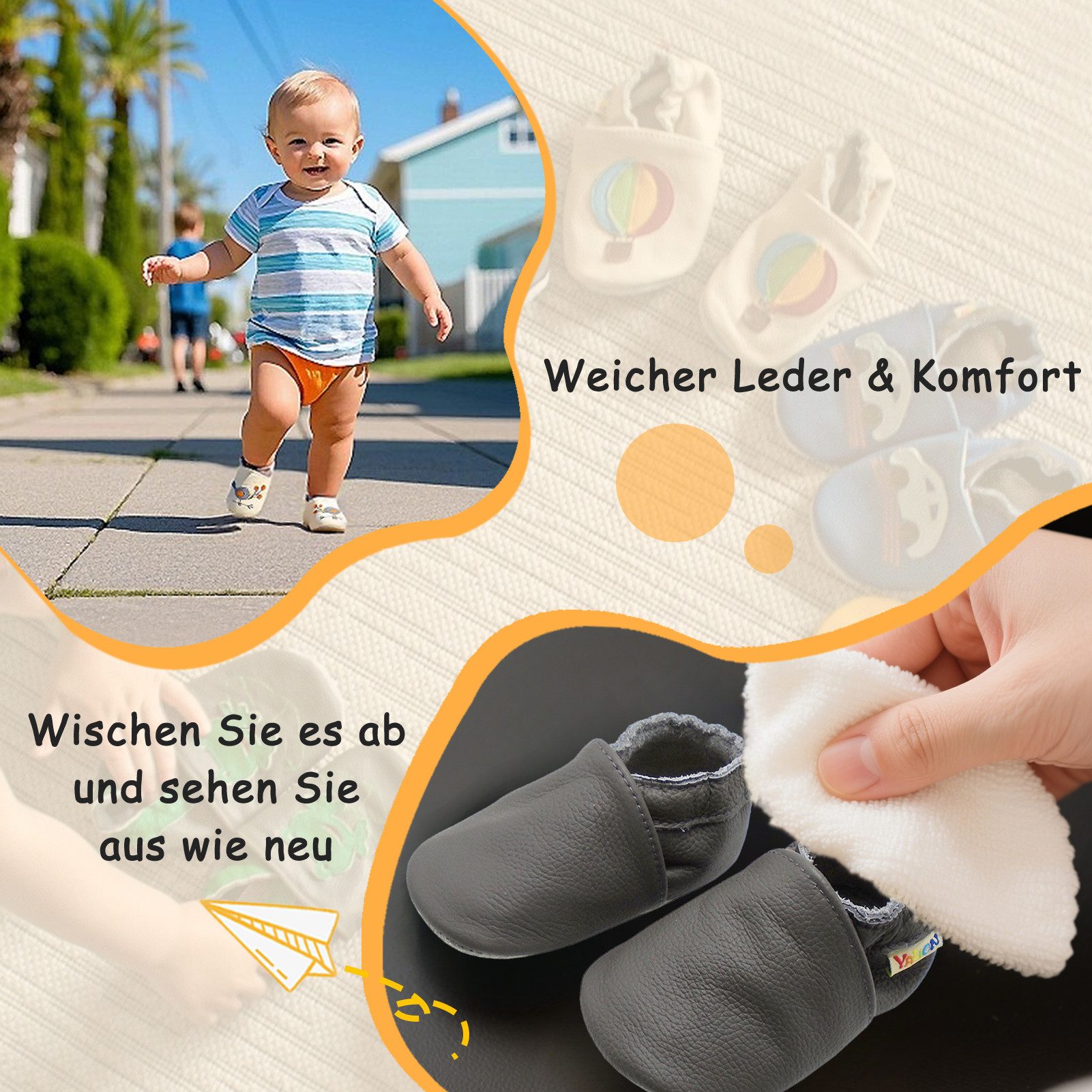 Yalion Yalion Leder Baby-Lauflernschuhe, weich, rutschfest, handgefertigt Krabbelschuh