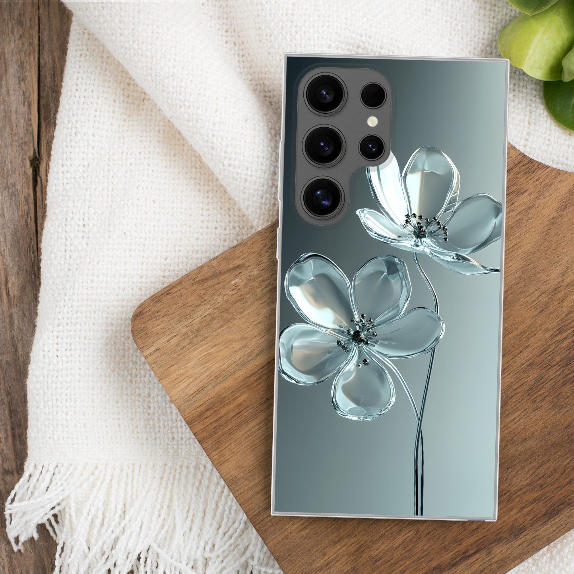 MuchoWow Handyhülle für Samsung Galaxy S24 Ultra Kristall - Blumen - Grau, Phone Case, Silikon, Schutzhülle Dünn