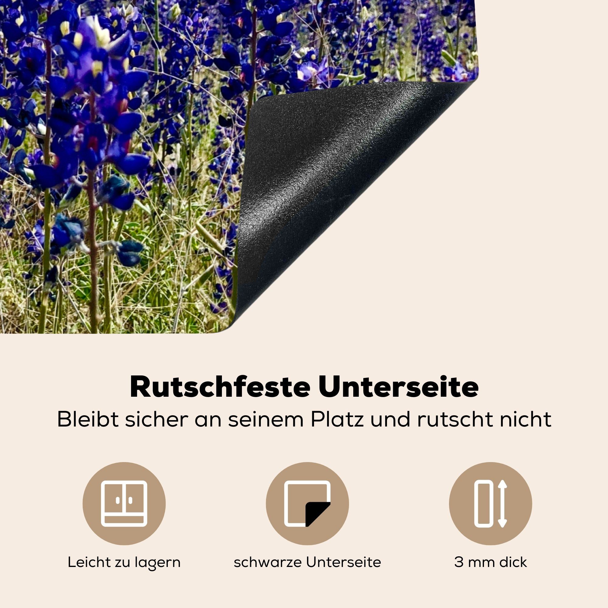 in tlg), die MuchoWow 71x52 Hügeln, für Herdblende-/Abdeckplatte den Schutz cm, (1 Bluebonnet Vinyl, Induktionskochfeld blüht Texas küche, Ceranfeldabdeckung