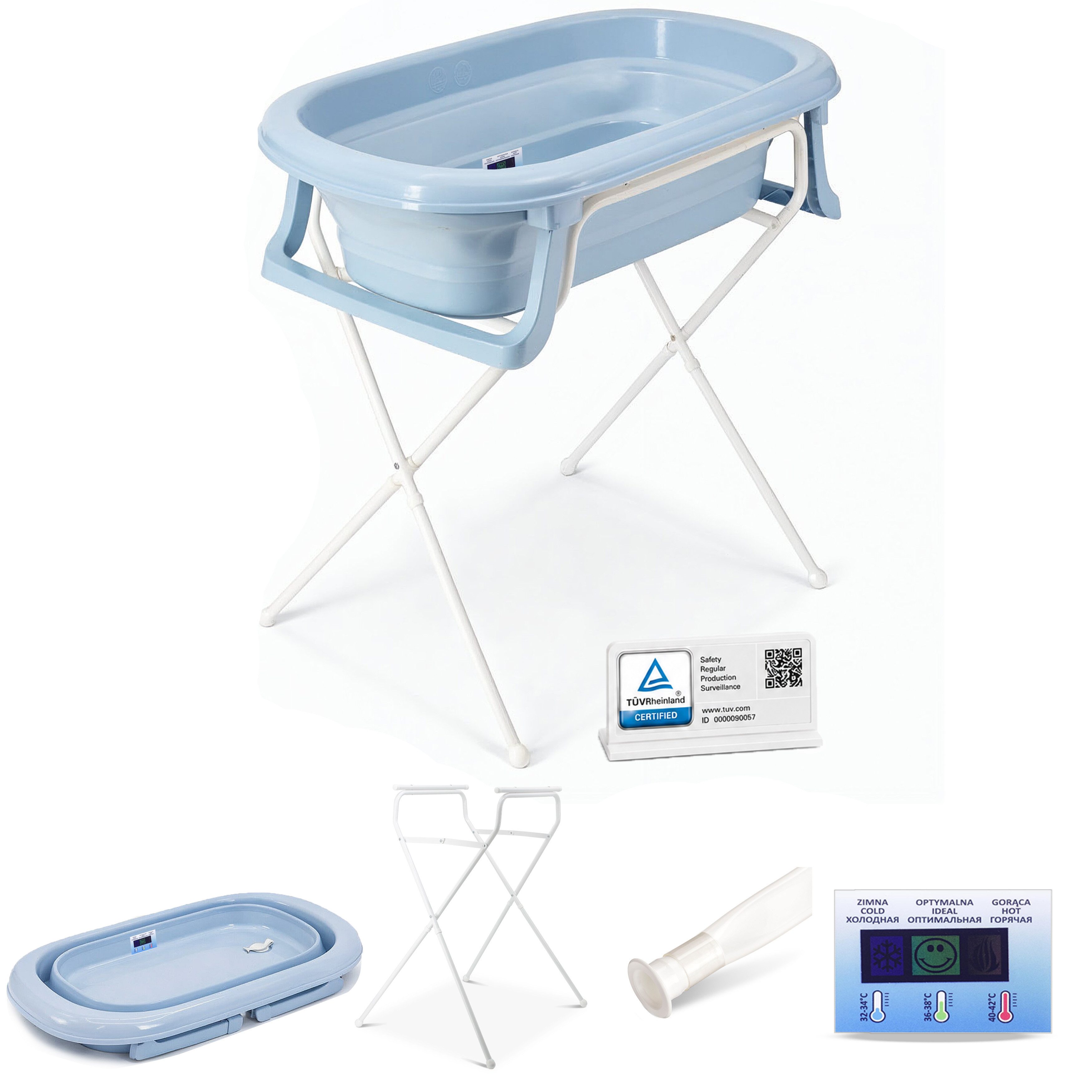 Babykajo Babybadewanne TÜV geprüft, (Set, 4-tlg), Babywanne faltbar mit Ständer, Abflussschlauch und Thermometer