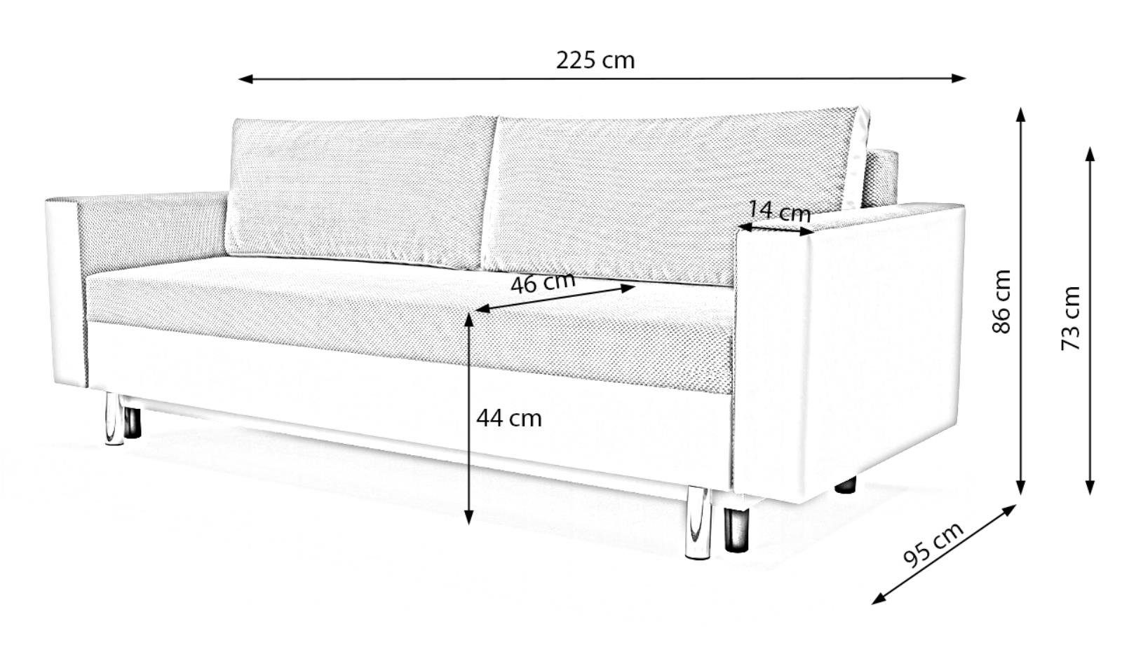Beautysofa 3-Sitzer MALTA, Polstersofa + aus Bettkasten, 225 Webstoff 15 Braun Schlaffunktion und cm (dot + Dreisitzer Kunstleder, Sofa Weiß mit 920) madryt 