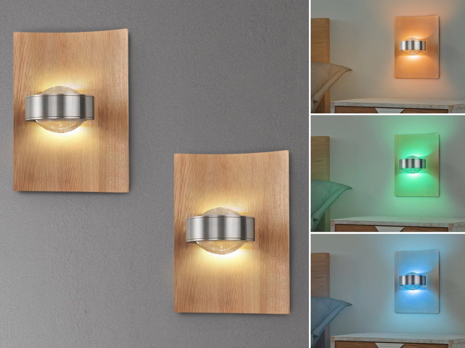 SET 2er einstellbar, ausgefallen Lichtfarbe indirekte Holz-Lampen integriert, Warmweiß-Neutralweiß Wand-Beleuchtung meineWunschleuchte fest Eiche-Brett Farbwechsel, Wandleuchte, LED LED