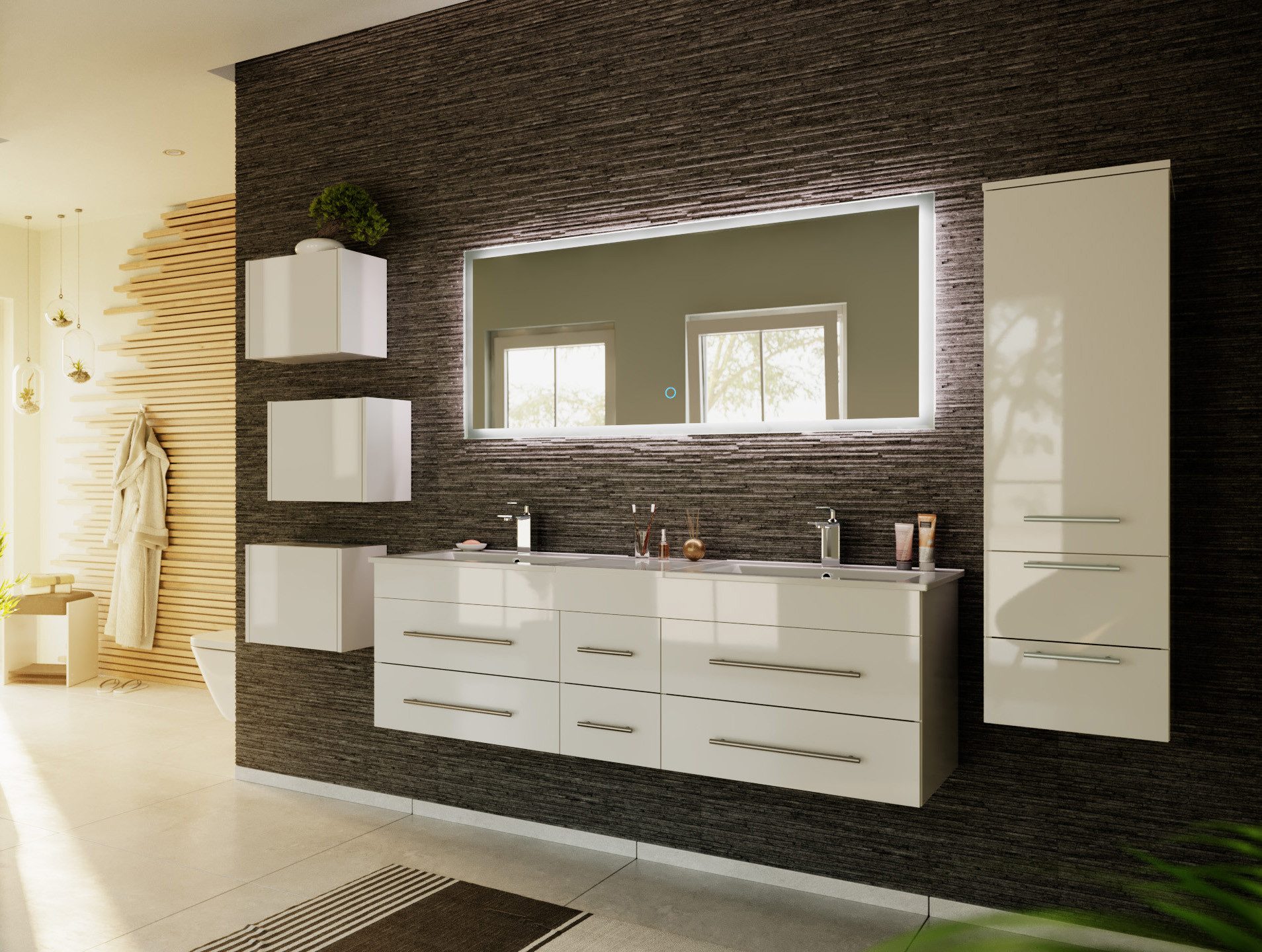Magnolia Home Waschtisch Badmöbelset Roma XL 4-teilig LED-Spiegel Seitenschrank 3er Boxen weiss