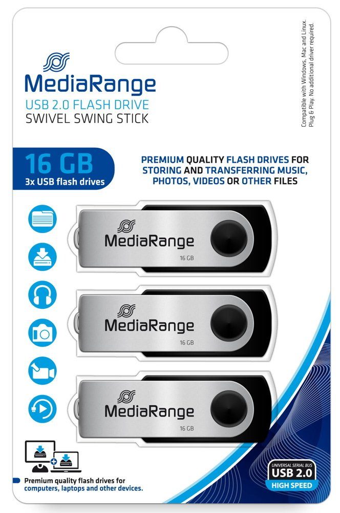Mediarange USB Stick 16GB Speicherstick Swivel Swing silber 3er Pack USB-Stick