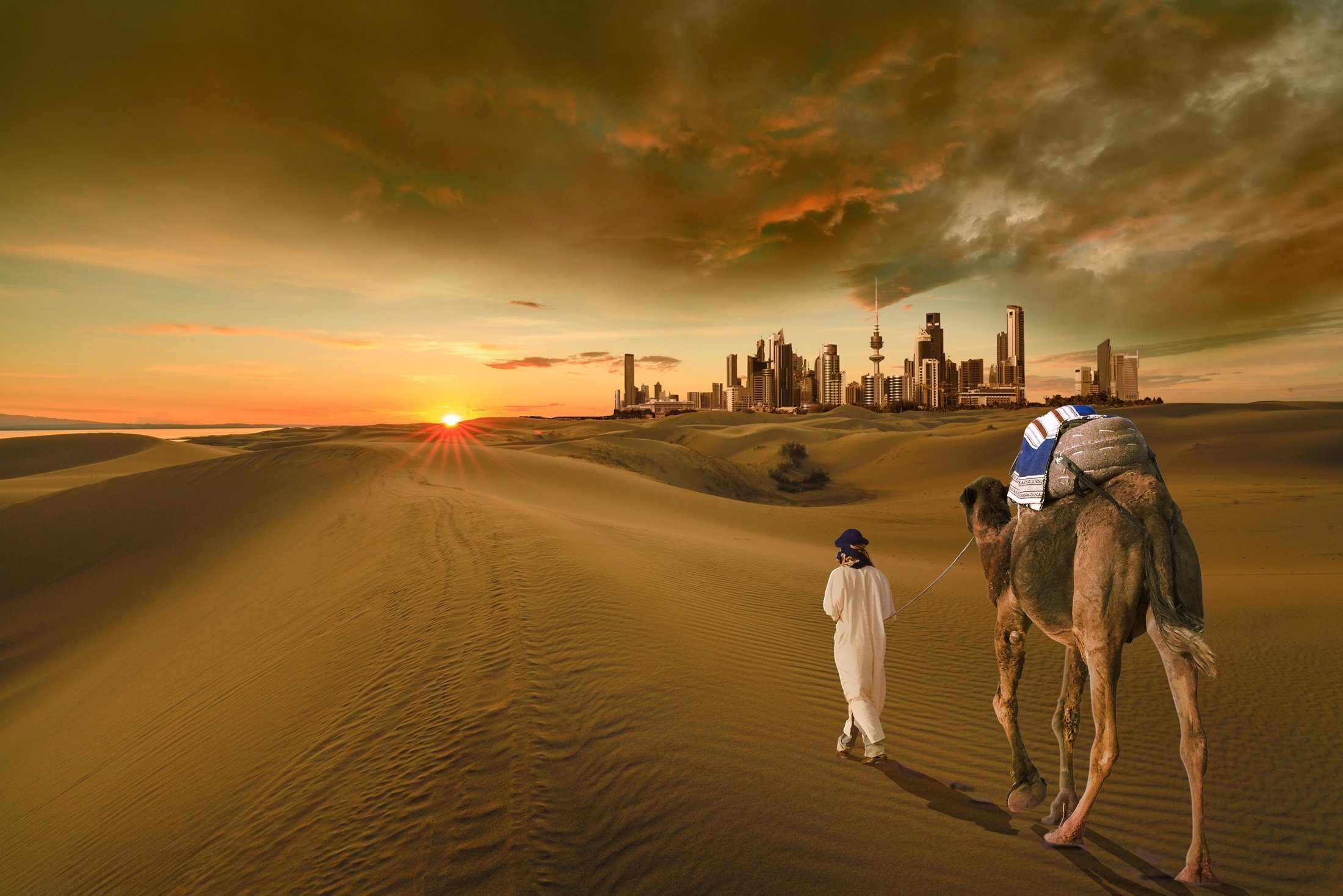 Fototapete KUWAIT-STADT-WÜSTE KAMEL DÜNEN SKYLINE STRAND MEER GOLF