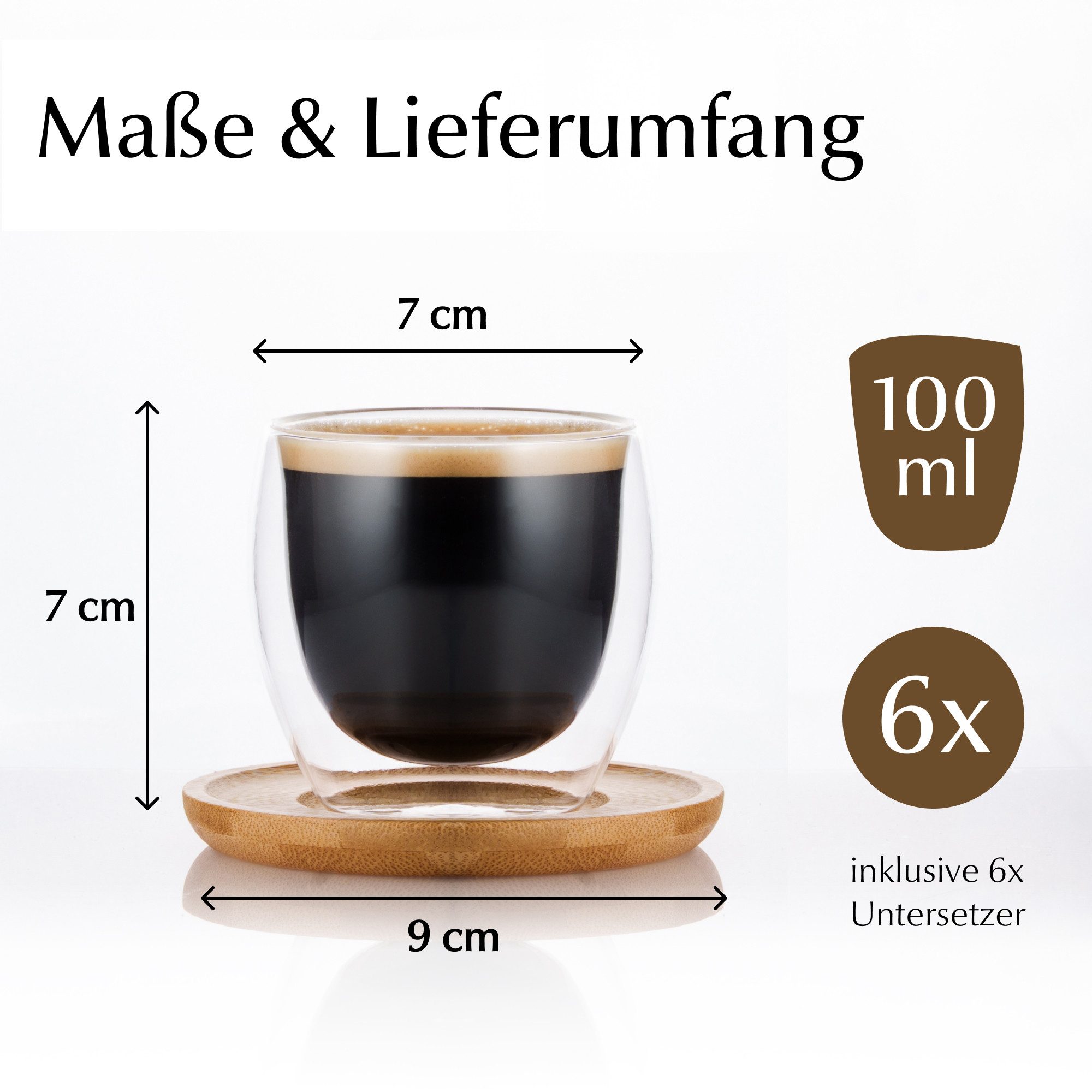 MiaMio Thermoglas Espressotassen 6er Set – doppelwandige Kaffeegläser – ohne Henkel, 6-tlg.