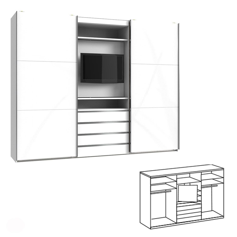 Lomadox Kleiderschrank MIDLAND-43 in weiß Glasfront TV Halterung Schubladen 300x236x65 cm
