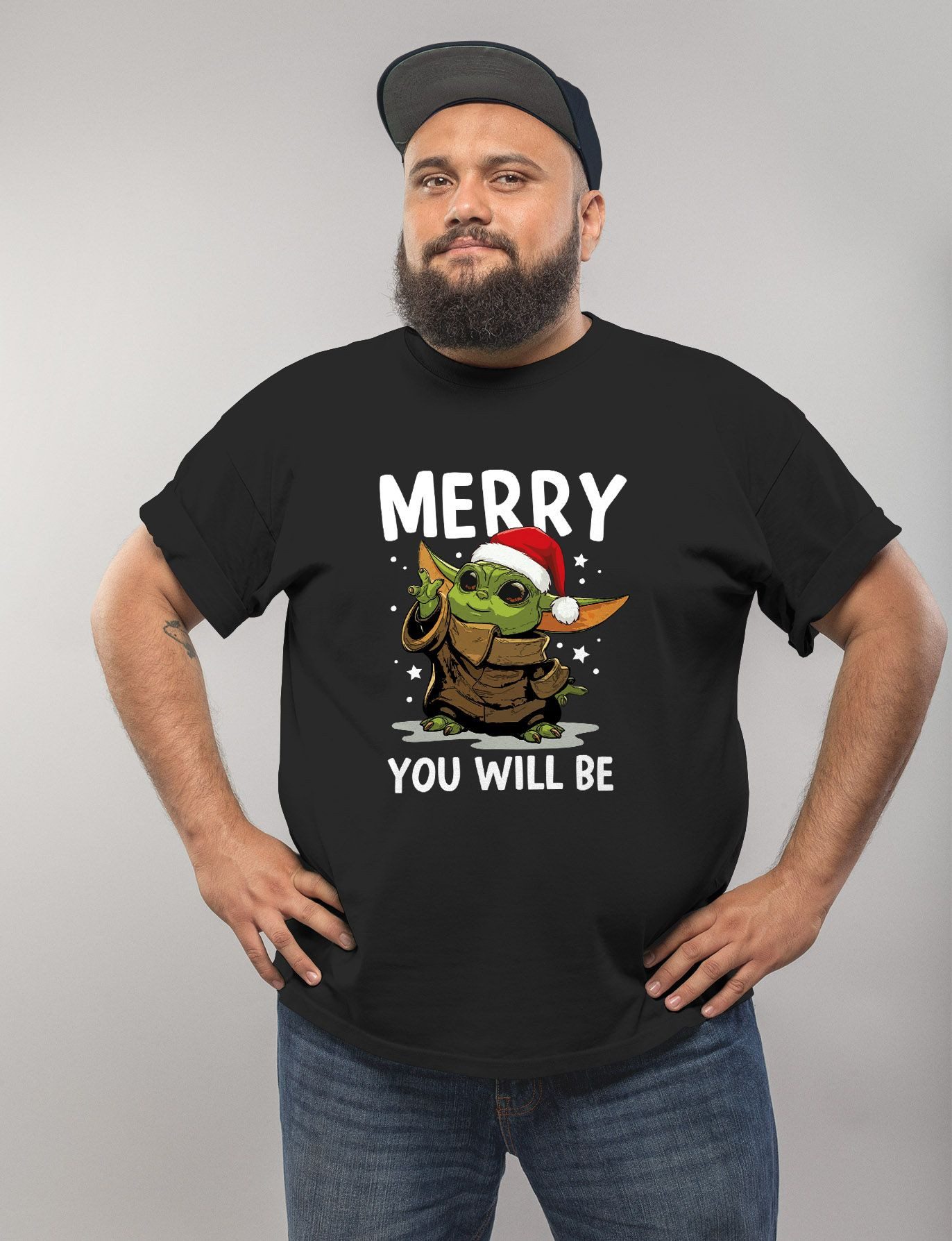 MoonWorks Print-Shirt Herren T-Shirt Weihnachten Baby-Yoda Fun-Shirt Spruch lustig Merry mit Print
