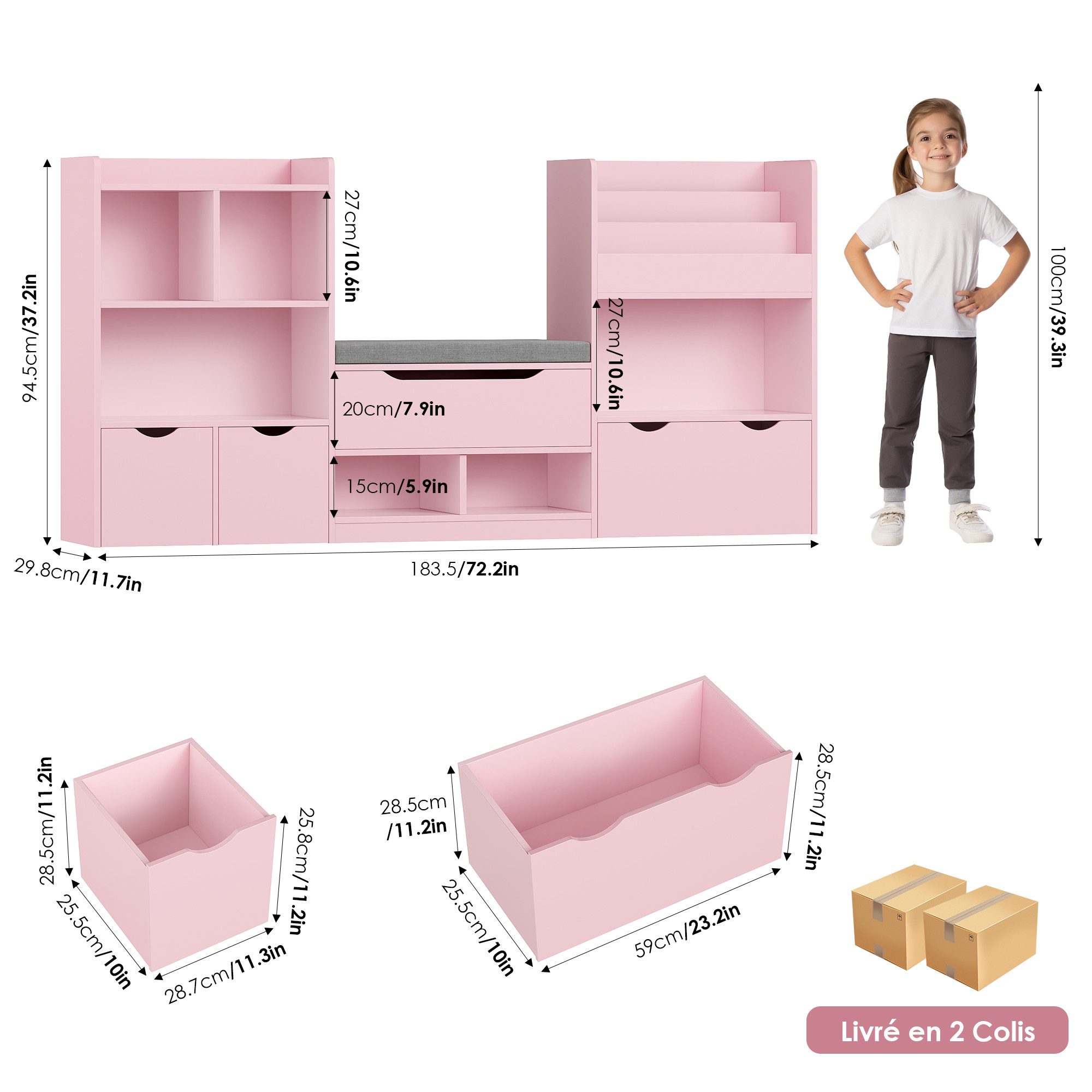 Homfa Sitzbank Kinderregal mit 3 Schubladen auf Räder 183x94x29,8 cm, Spielzeugregal mit 7 offenen Fächern Spielzeugtruhe weiß