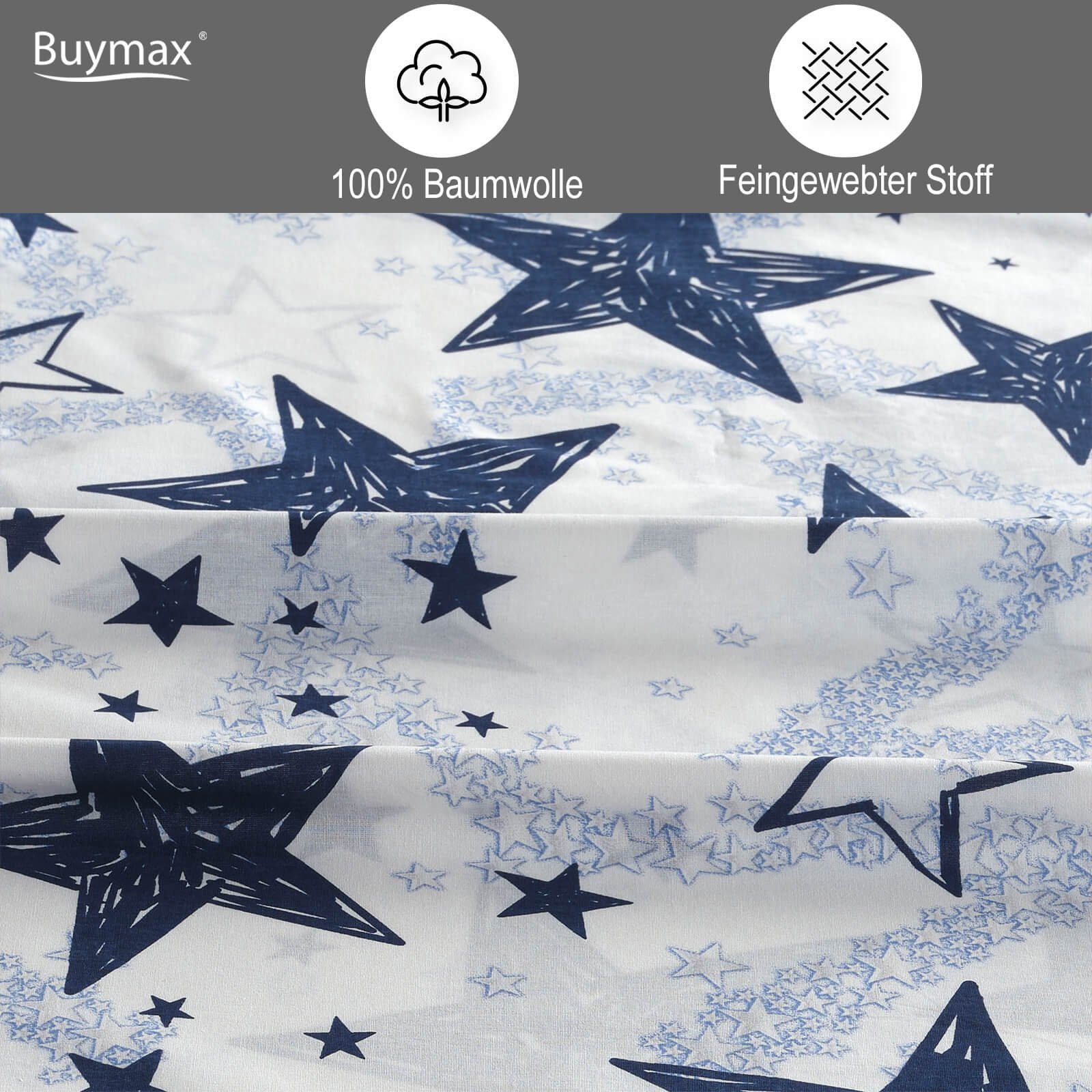 Buymax Bettwäsche, Renforcé: 100% Baumwolle, 3 teilig, Bettbezug-Set, 200x200 cm, mit Reißverschluss Sterne Stars Weiß Blau