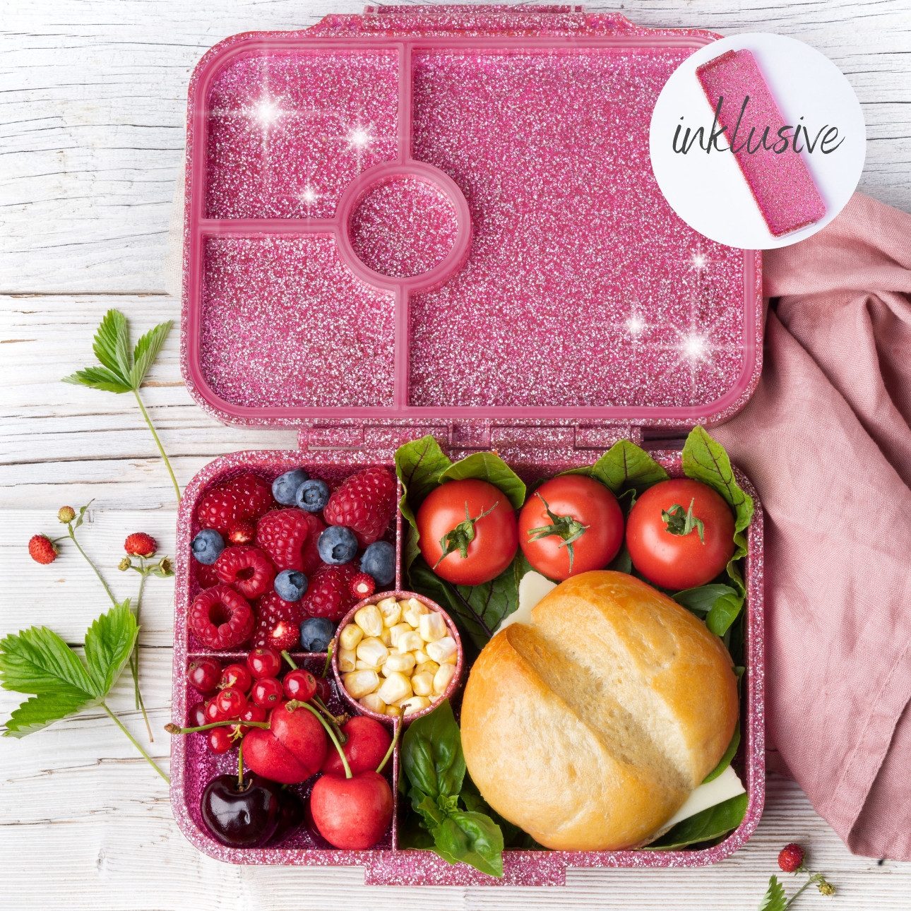 LEKKABOX Lunchbox Glitzer Brotdose, 4 Fächer - Kinder Bento Box Vesperdose Brotbox, Für feuchte Lebensmittel auslaufsichere Bento Box, inkl. extra Trenner