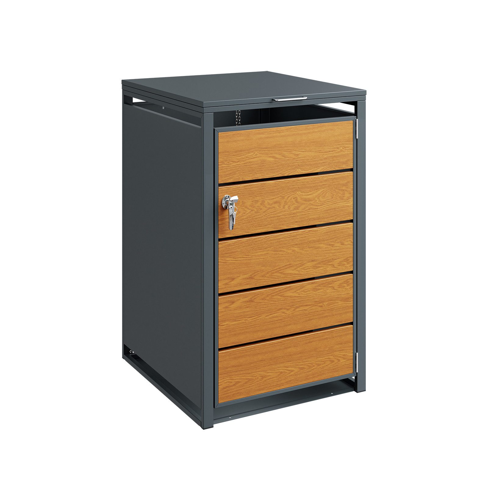 SoBuy Mülltonnenbox OGS63, Mülltonnenverkleidung 240l abschließbar, fahrbar (1er Set), Holzoptik-Front in Anthrazit, Gasdruckfedern und Sicherheitskette