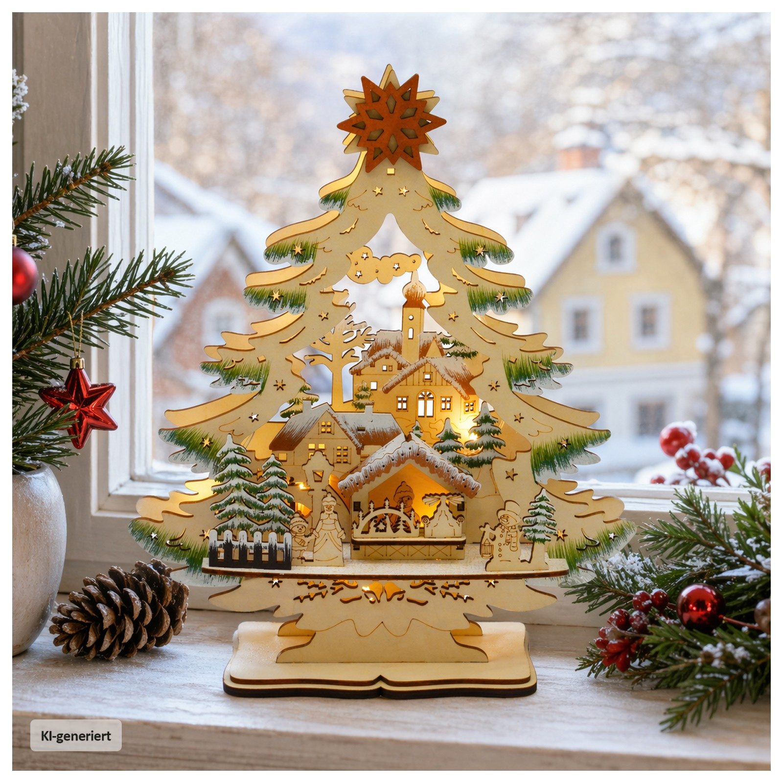 HTI-Living Schwibbogen LED Schwibbogen Weihnachtsbaum mit verschneitem Winterdorf (1-tlg), Lichterspitze aus Holz, batteriebetrieben