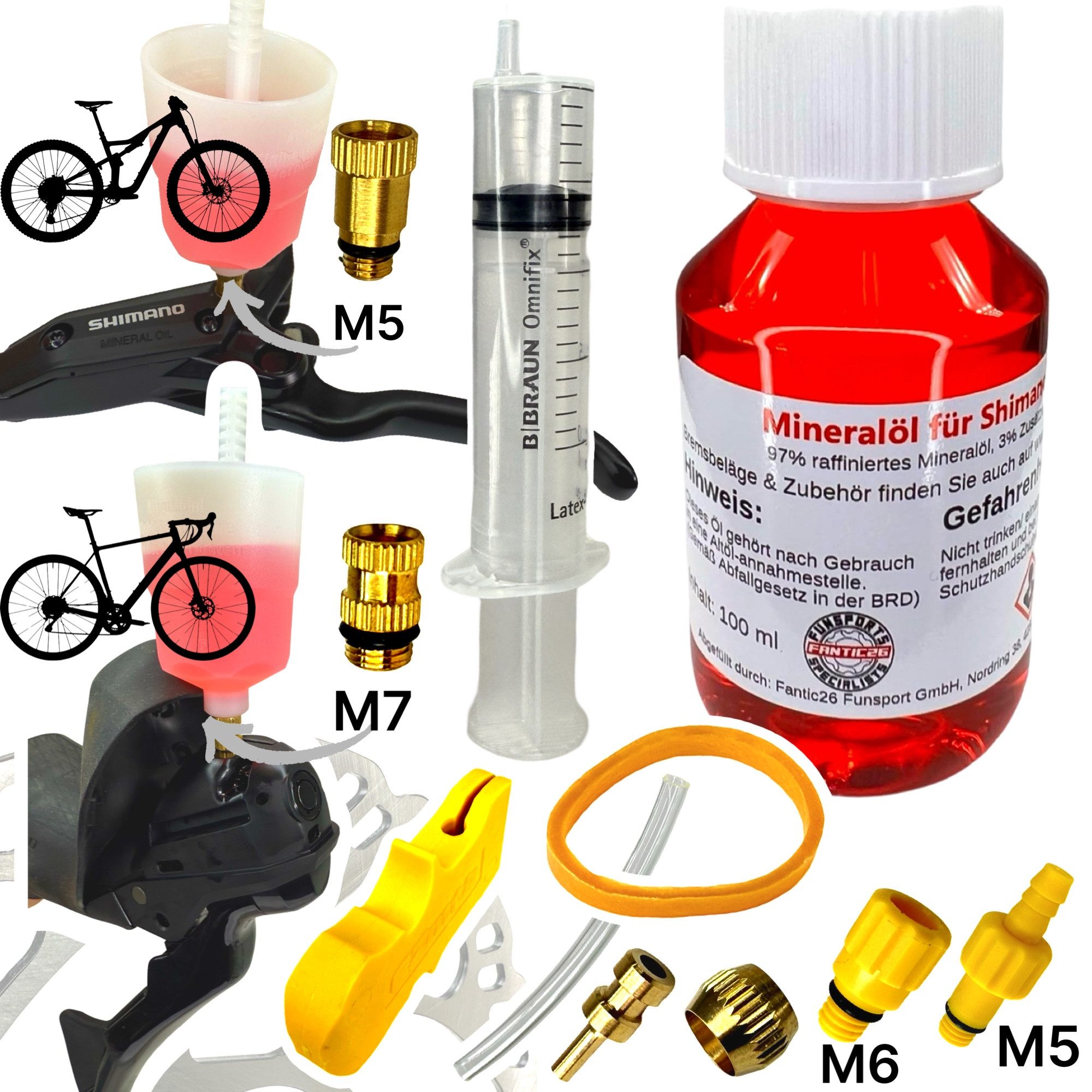 Fantic26 Fahrrad-Montageständer Service Kit 100ml SHIMANO Mineralöl Scheibenbremsen M5 Befüllbecher