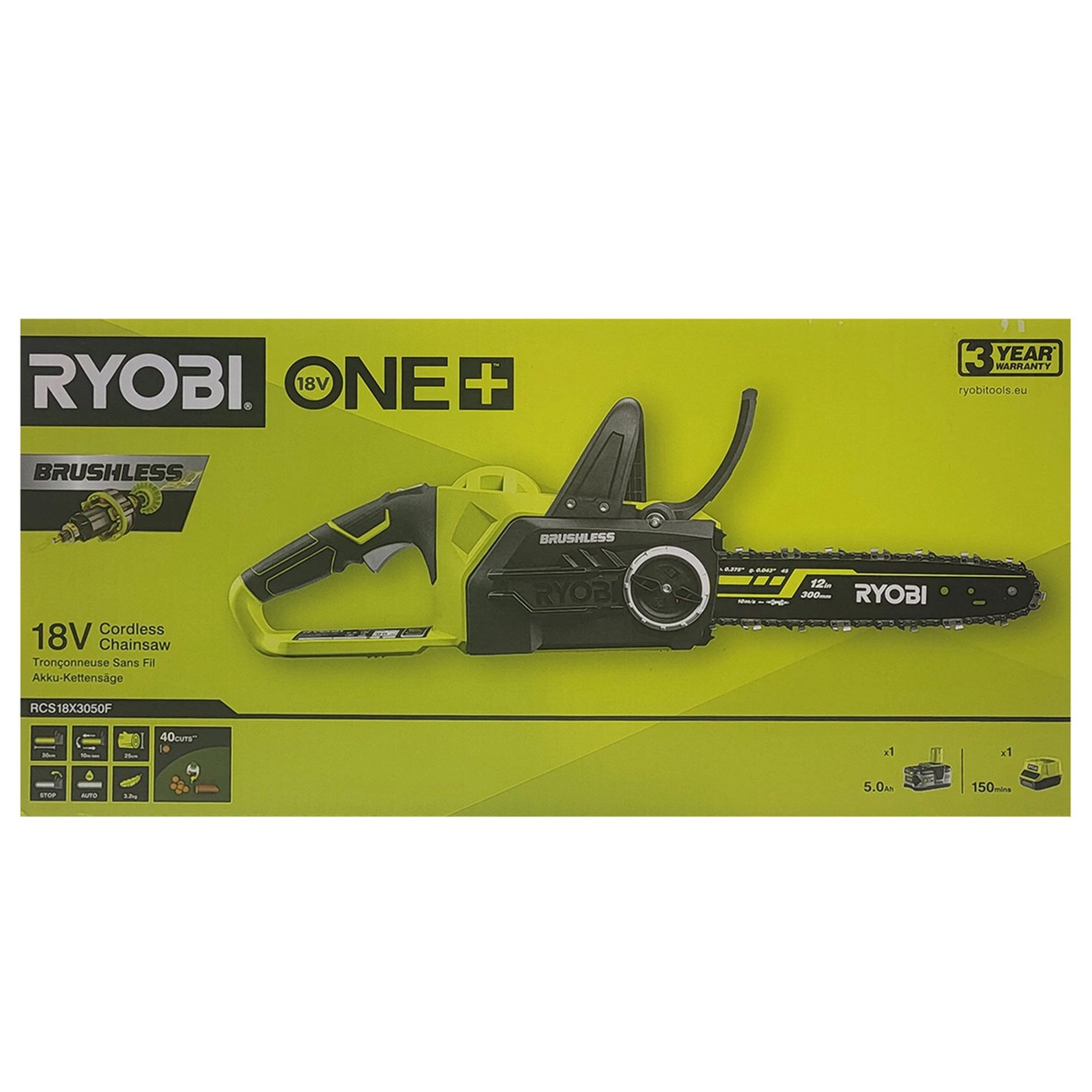 RYOBI Akku-Kettensäge Ryobi RCS18X3050F Akku-Kettensäge 18 V ONE+ 30 cm Set inkl. Akku 5Ah, 1-tlg.