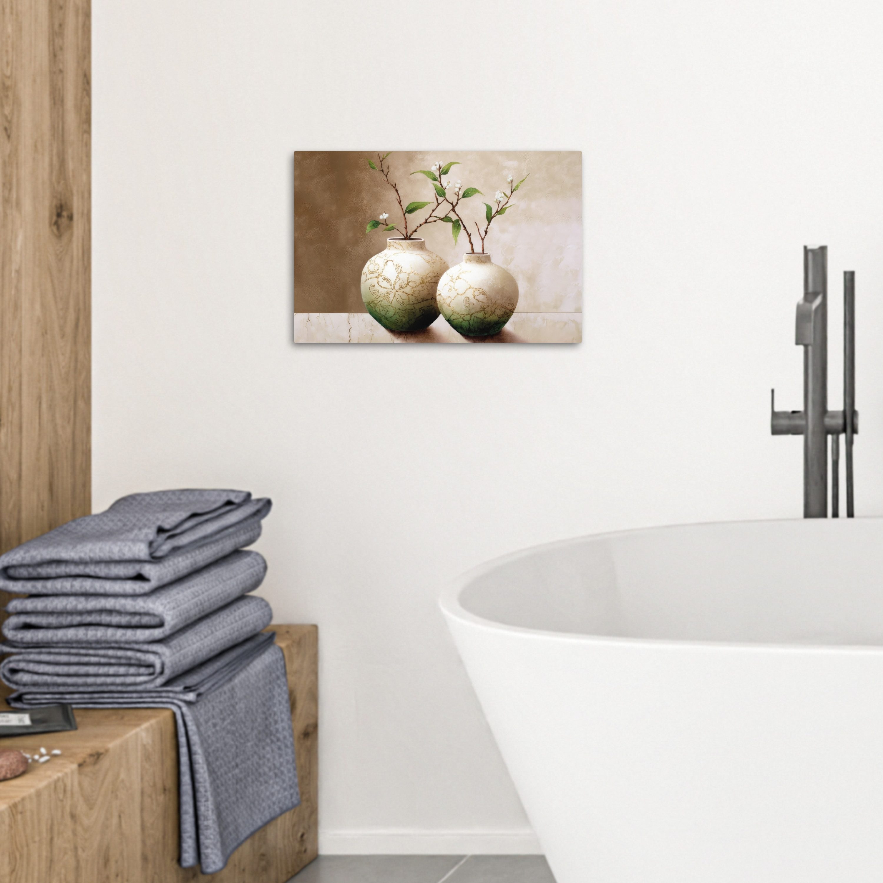 OneMillionCanvasses® Leinwandbild Blumen - Vase - Weiß - Botanisch - Beige, Fotodruck (1 St), Bilder für Badezimmer, Bad und Toiletten Deko, Bild WC 30x20 cm