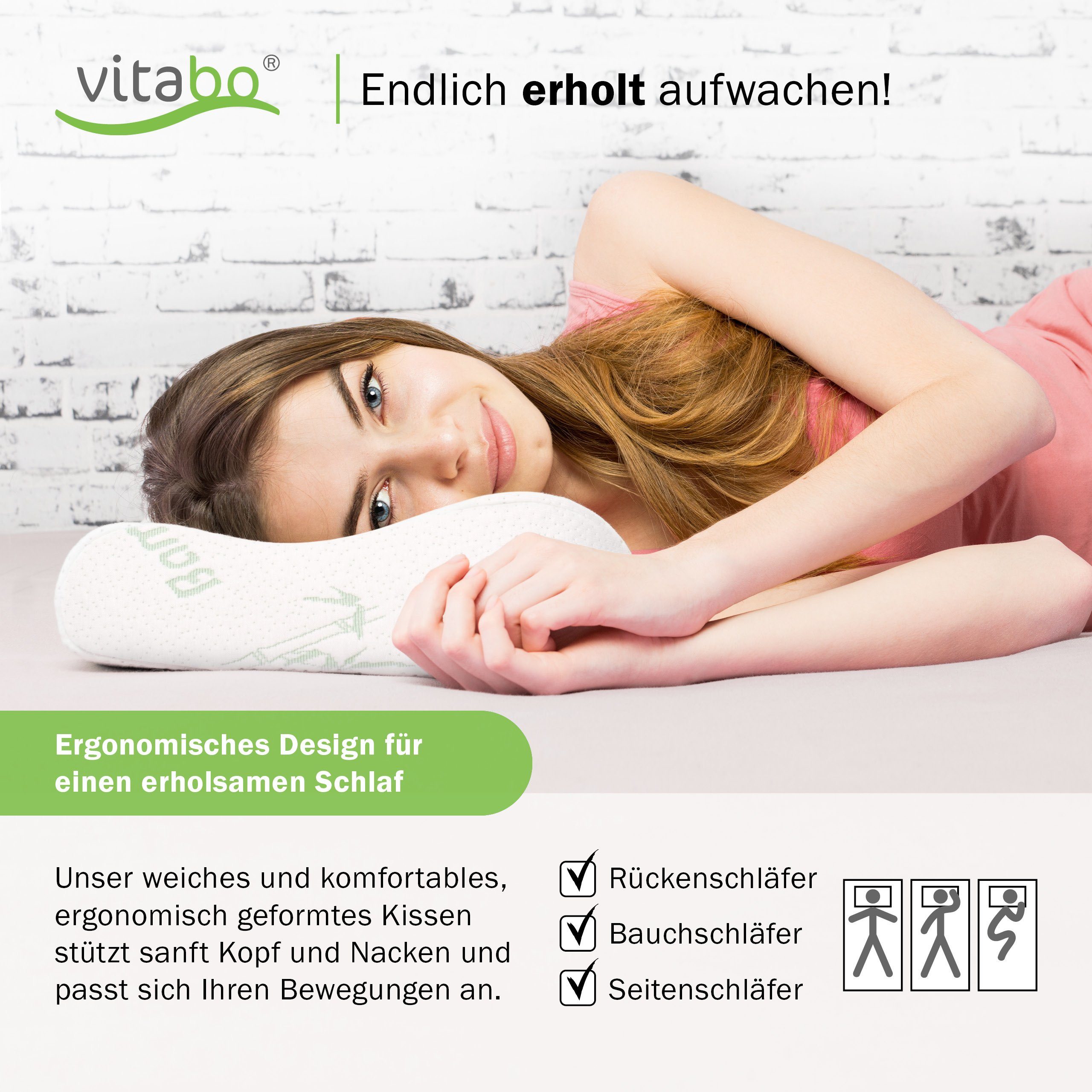 Vitabo Nackenkissen Ergonomisches Kissen, Seitenschläfer Nackenkissen Bambus-Bezug 60x40, 1-tlg.