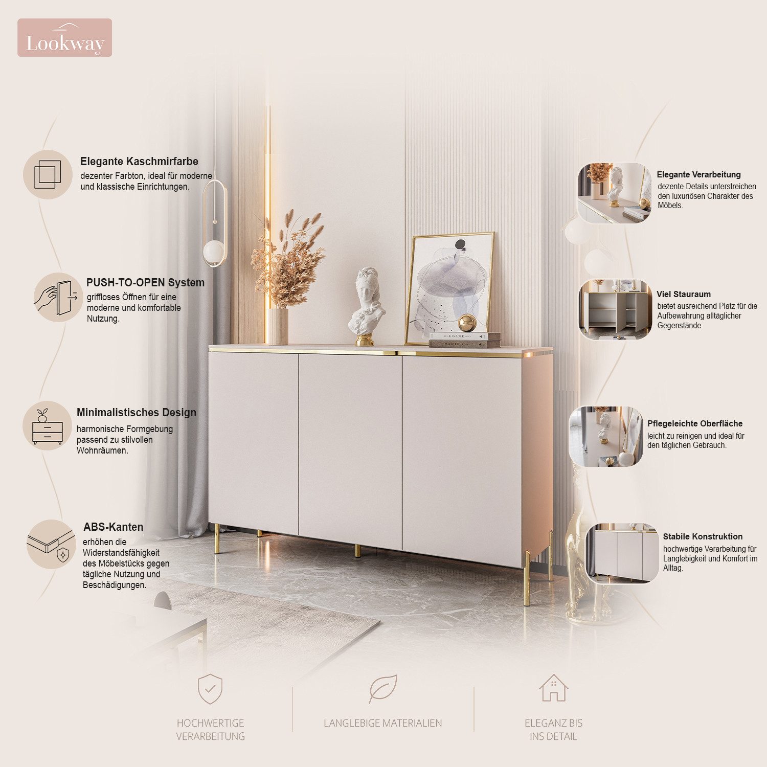Lookway Kommode AURORA II Kaschmir Hängende Anrichte mit Dreitürige oder auf Beinen, 140x76/90/91x40 cm – Bild 3 von 5