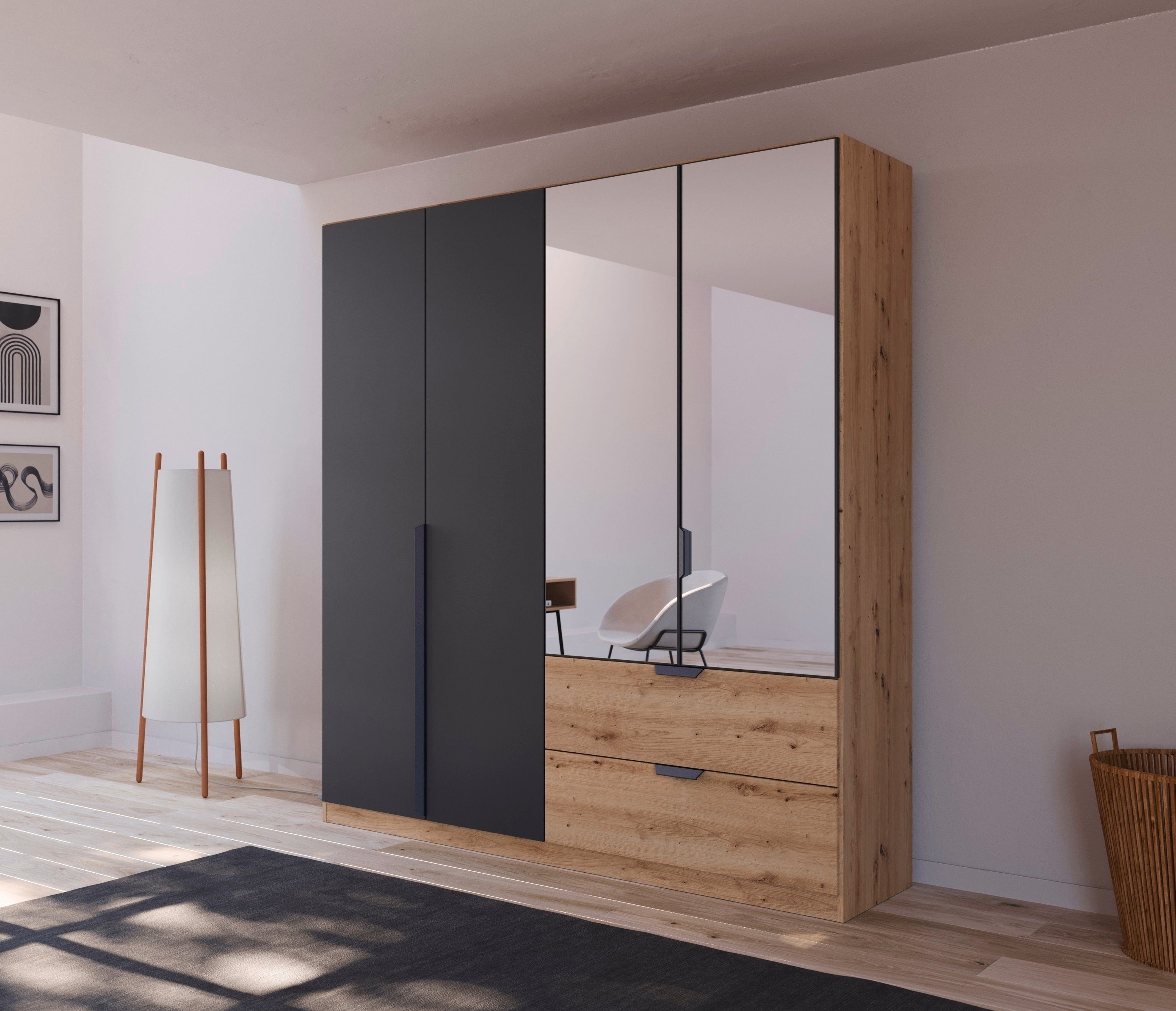 rauch Drehtürenschrank Kleiderschrank Schrank Garderobe Ankleide DARK&WOOD BY QUADRA SPIN (Breiten: 181/226/271 cm, Höhe 210 cm) im Industrial Style mit Schubkästen in Eiche Dekor, mit Spiegel