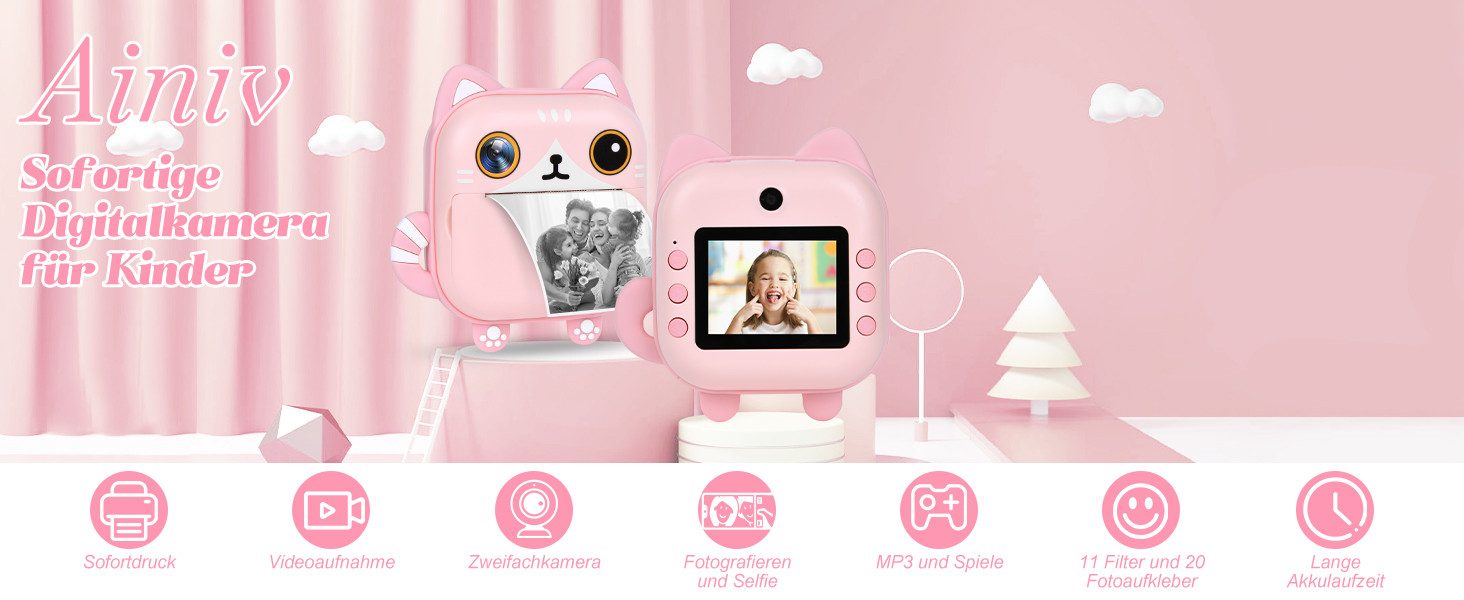 Vivitar Sofortbildkamera 2,4'' Bildschirm für Kinder mit 32GB Karte & Zubehör Kinderkamera (inkl. ZERO INK SOFORTDRUCK 12 MP Dual-Kamera für Kinder, 1080P HD Videokamera, Dual-Objektiv Digitalkamera, REICHE FUNKTIONEN)