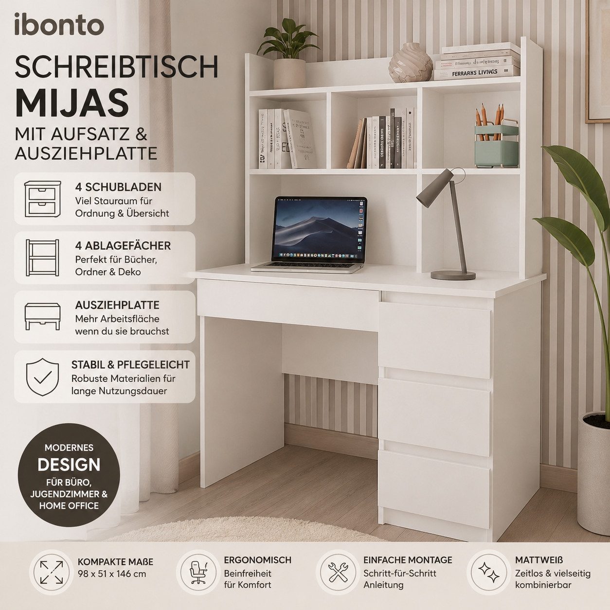 ibonto Schreibtisch Computertisch mit Aufsatz, 4 Schubladen und Ausziehplatte (1 Schreibtisch), Erweiterbare Arbeitsfläche