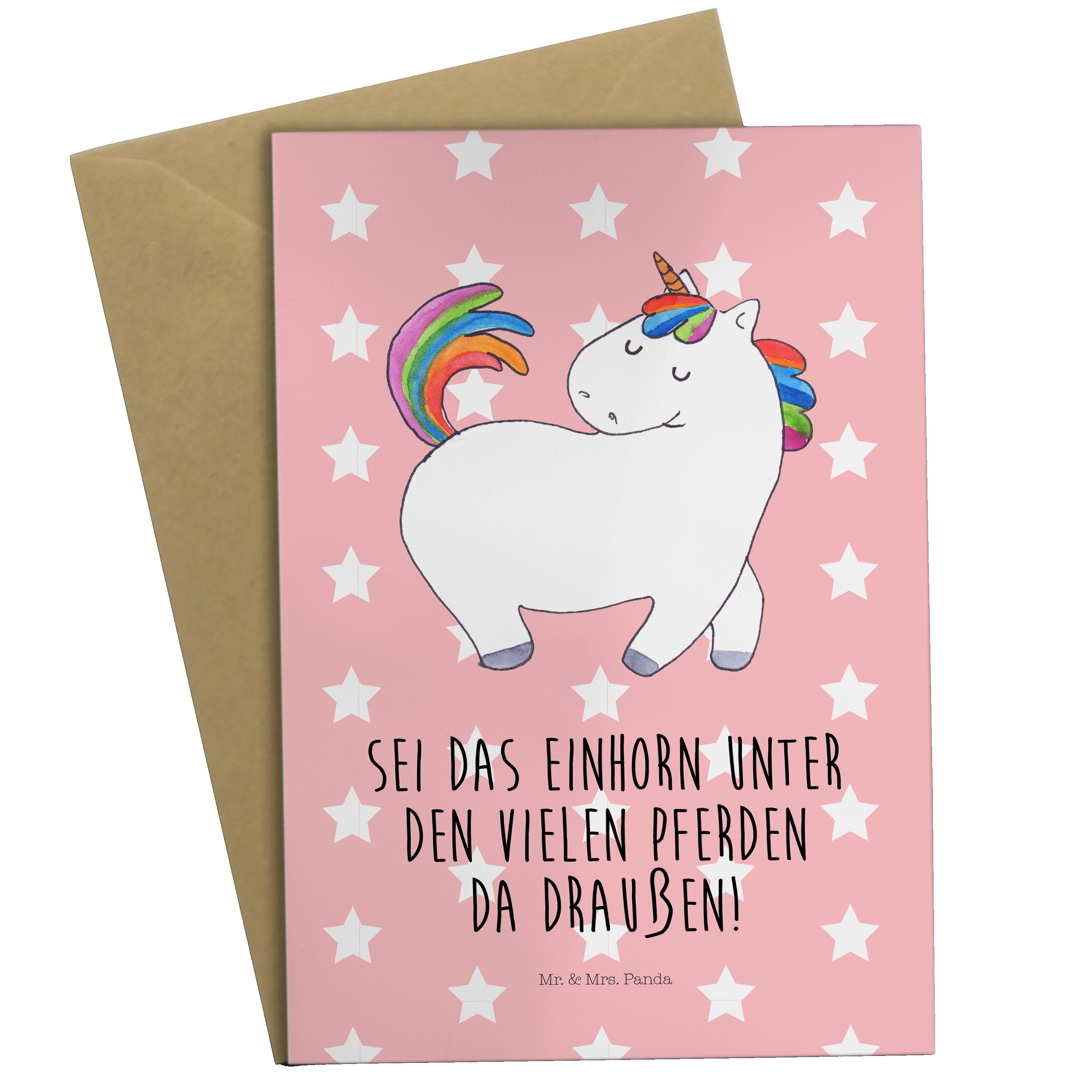 Mr. & Mrs. Panda Grußkarte Einhorn stolzierend - Rot Pastell - Geschenk, Unicorn, Freundin, Klap