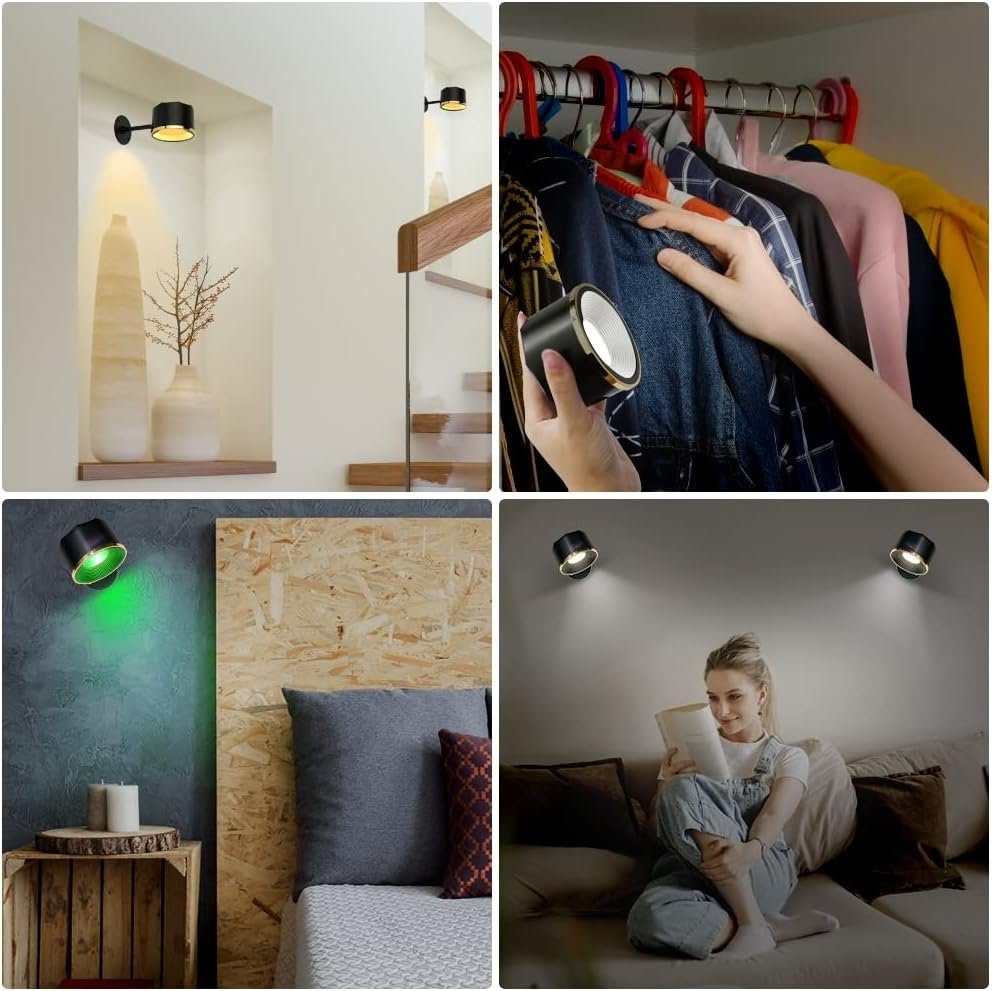 Kabellose Helligkeitsstufen Wohnzimmer LED Fernbedienung Bedee 360° 16 LED mit Flur LED Wandleuchte Wandleuchte integriert, für drehbare Wandlampe Batteriebetrieben Wandlampe, Dimmbar, Innen Schwarz fest 3 Warmweiß, Schlafzimmer Farbmodi