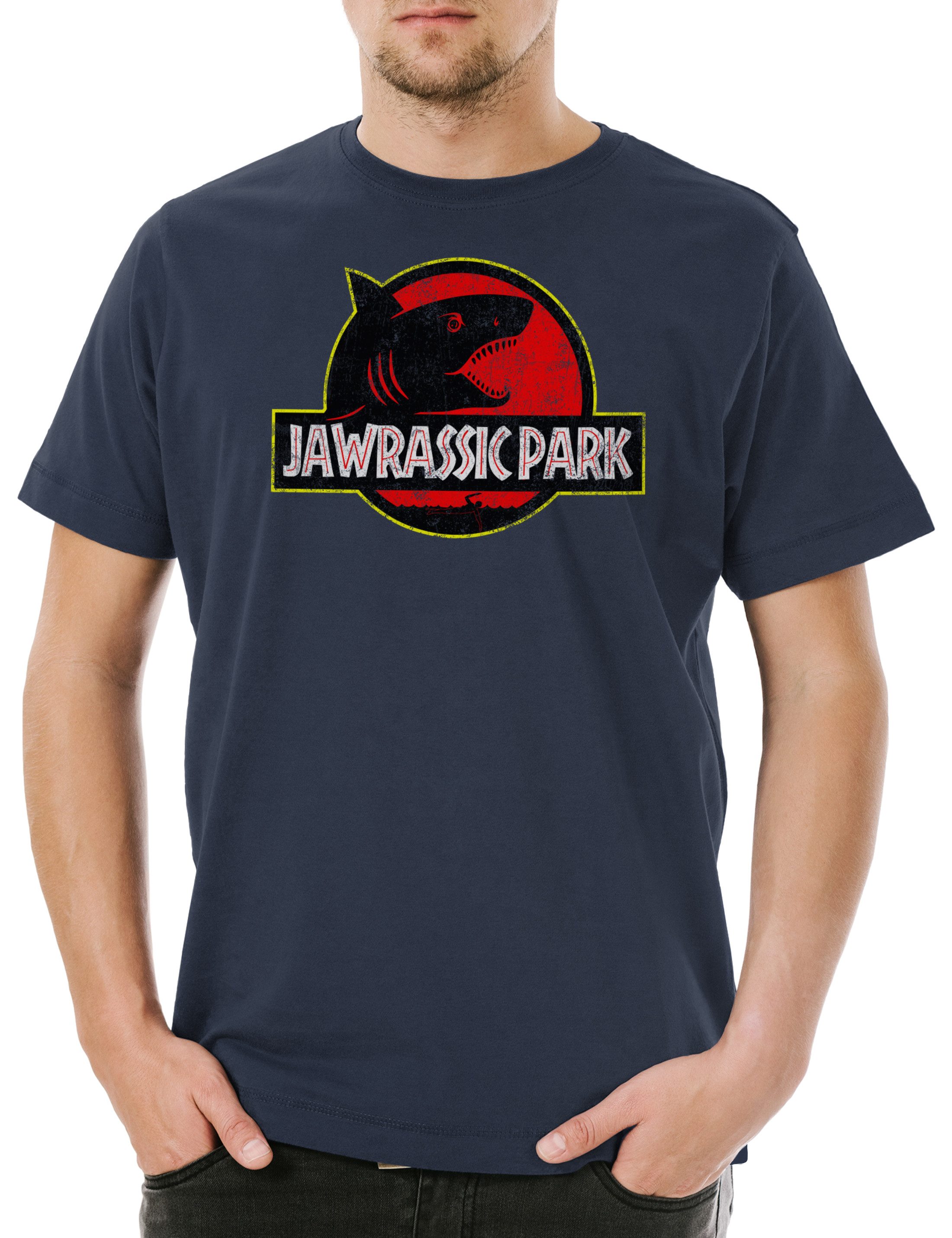 Print-Shirt Jawrassic Park Herren T-Shirt Island Shark Plakat Weißer Hai White