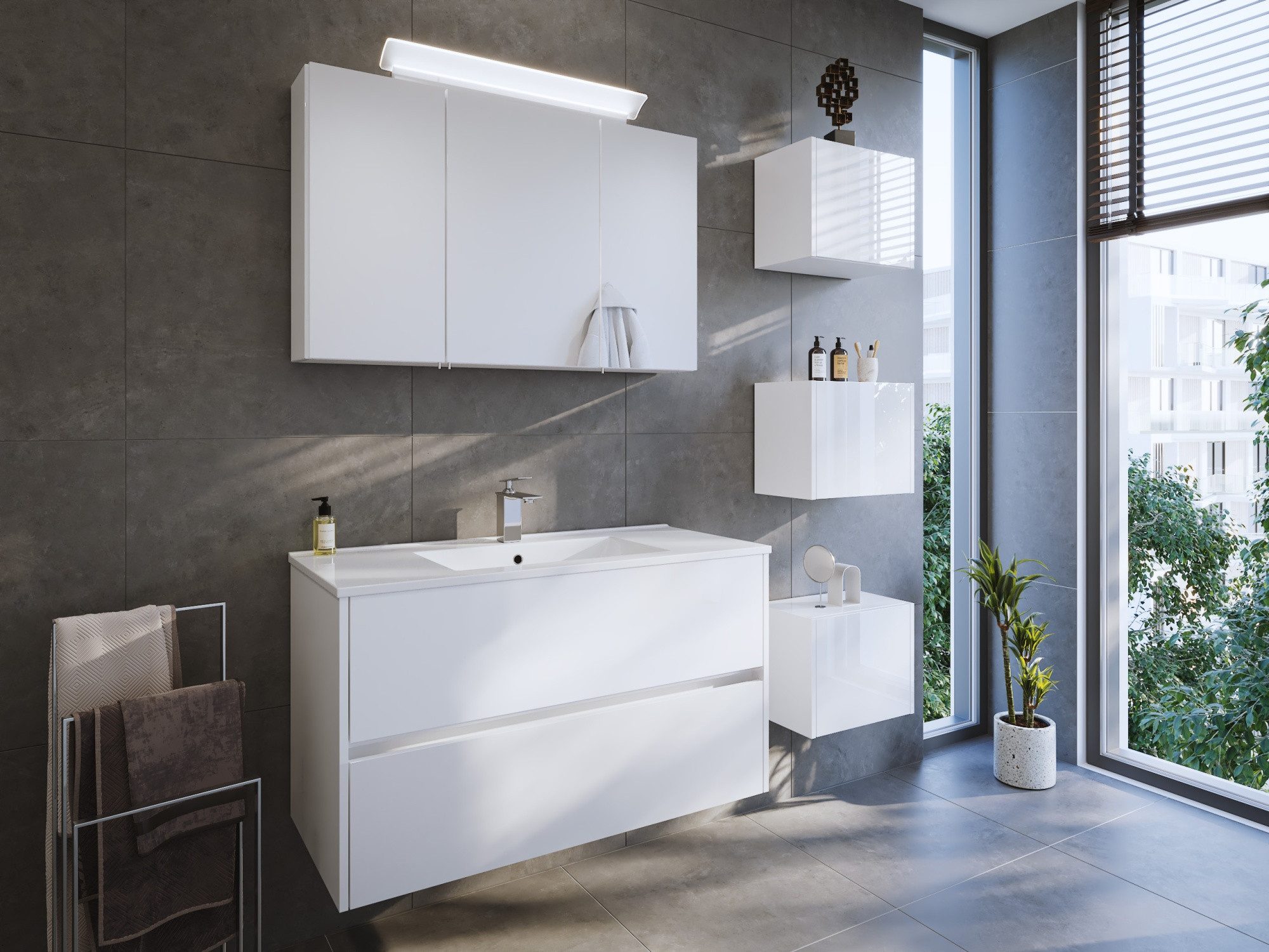Magnolia Home Waschtisch Badmöbel Set Taifun 3tlg. 100 cm mit Spiegelschrank & 3er Boxen weiß H